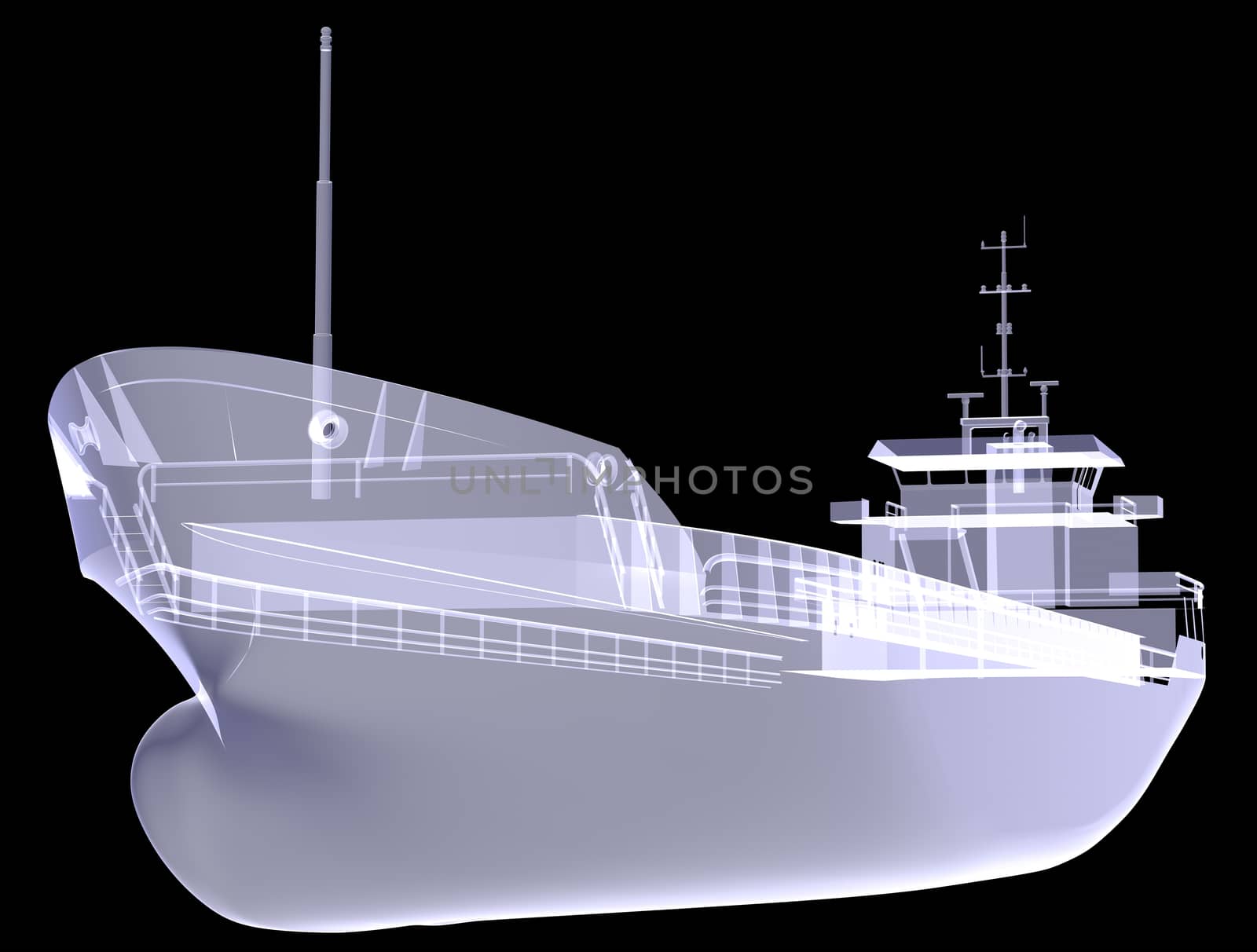 Cargo vessel. X-ray render isolated on the black background