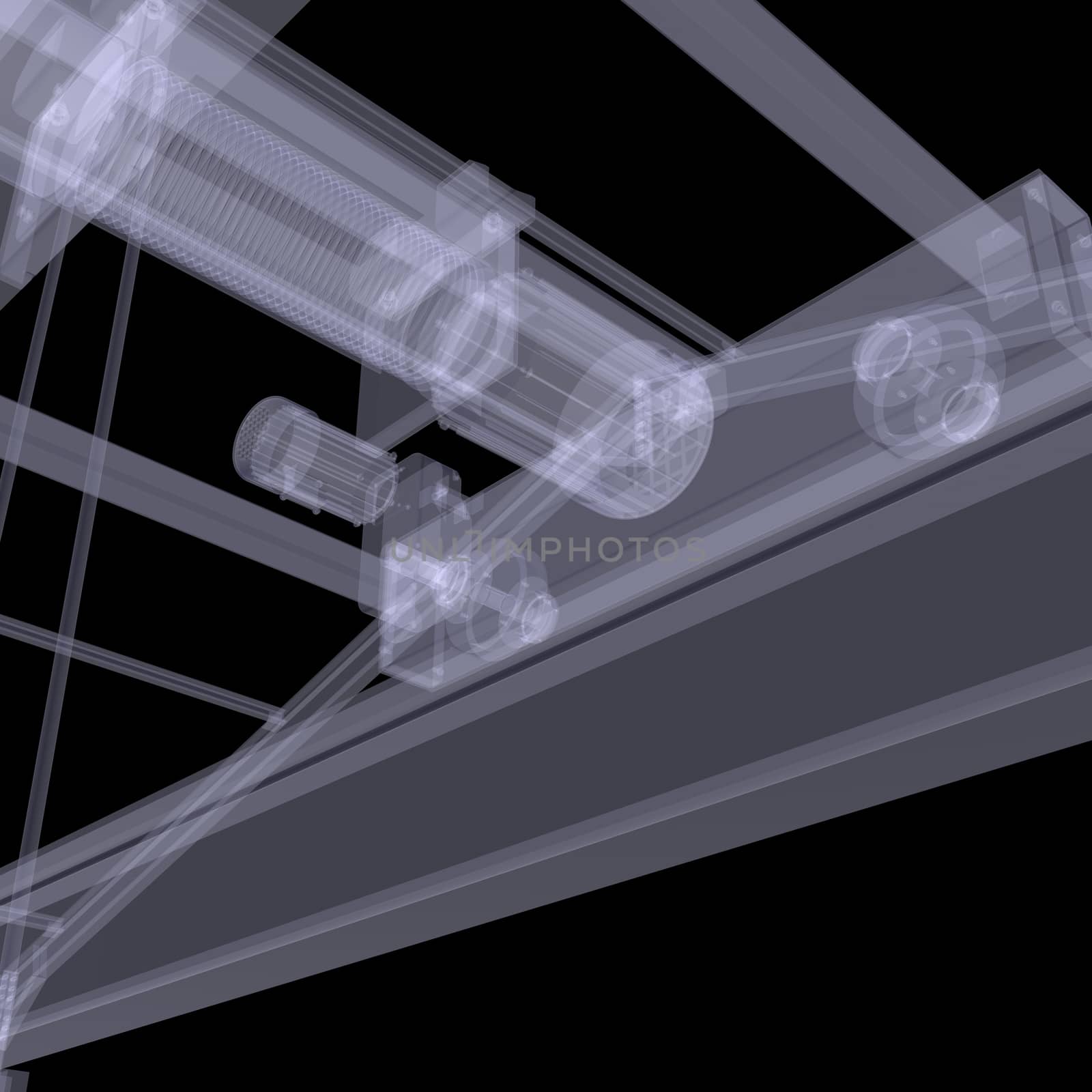 Electric hoist. X-ray render on the black background
