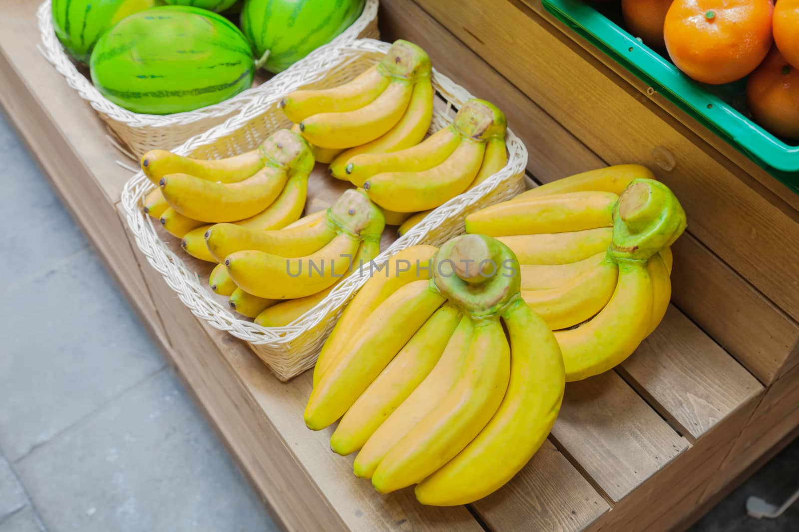 Fresh banana and water melon fruits shop at a market