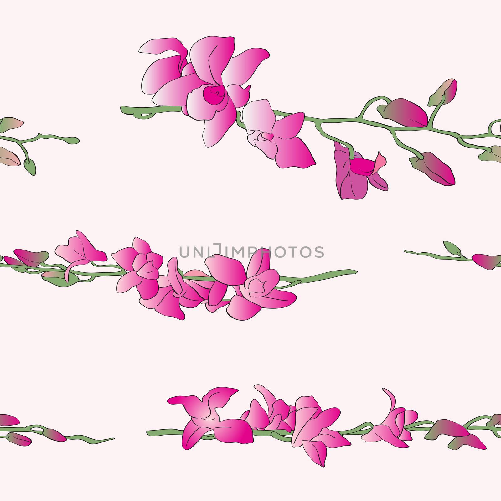 Long orchids pattern over light yellow background, horizontal composition