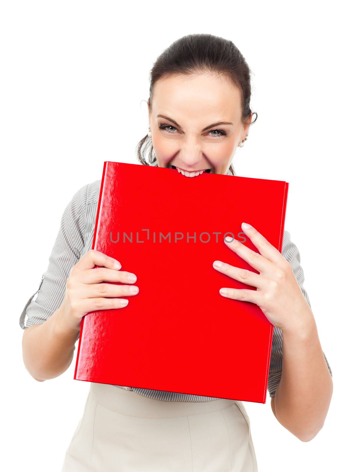 An image of a business woman bites in a red binder