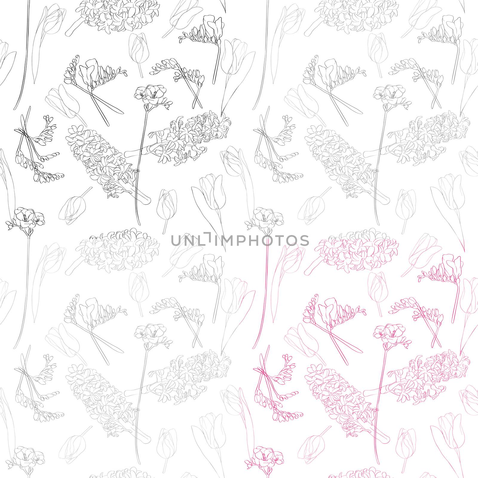 Spring flowers seamless pattern, beautiful linear hand drawn illustration with four tiles