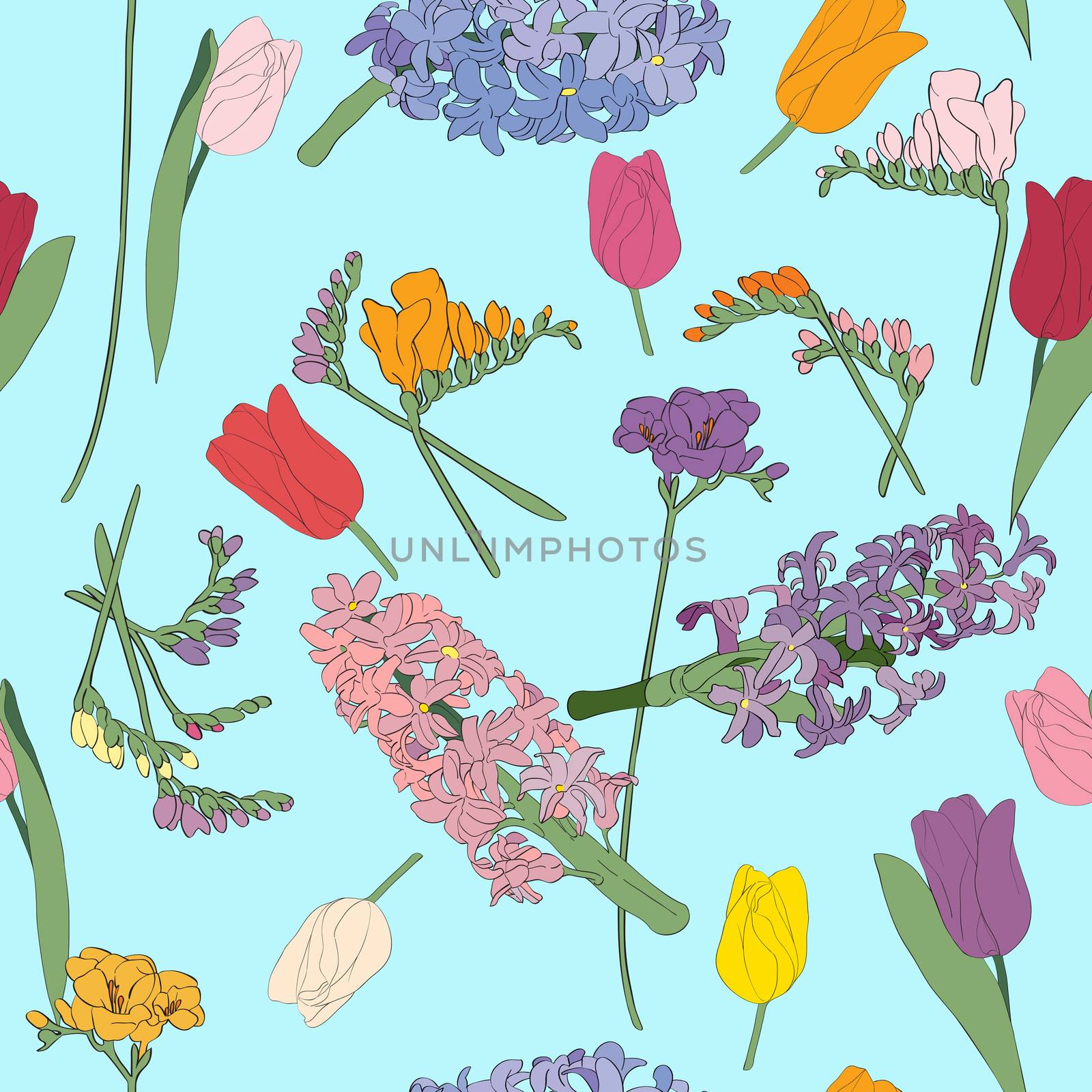 Spring flowers seamless pattern, beautiful hand drawn illustration over blue background