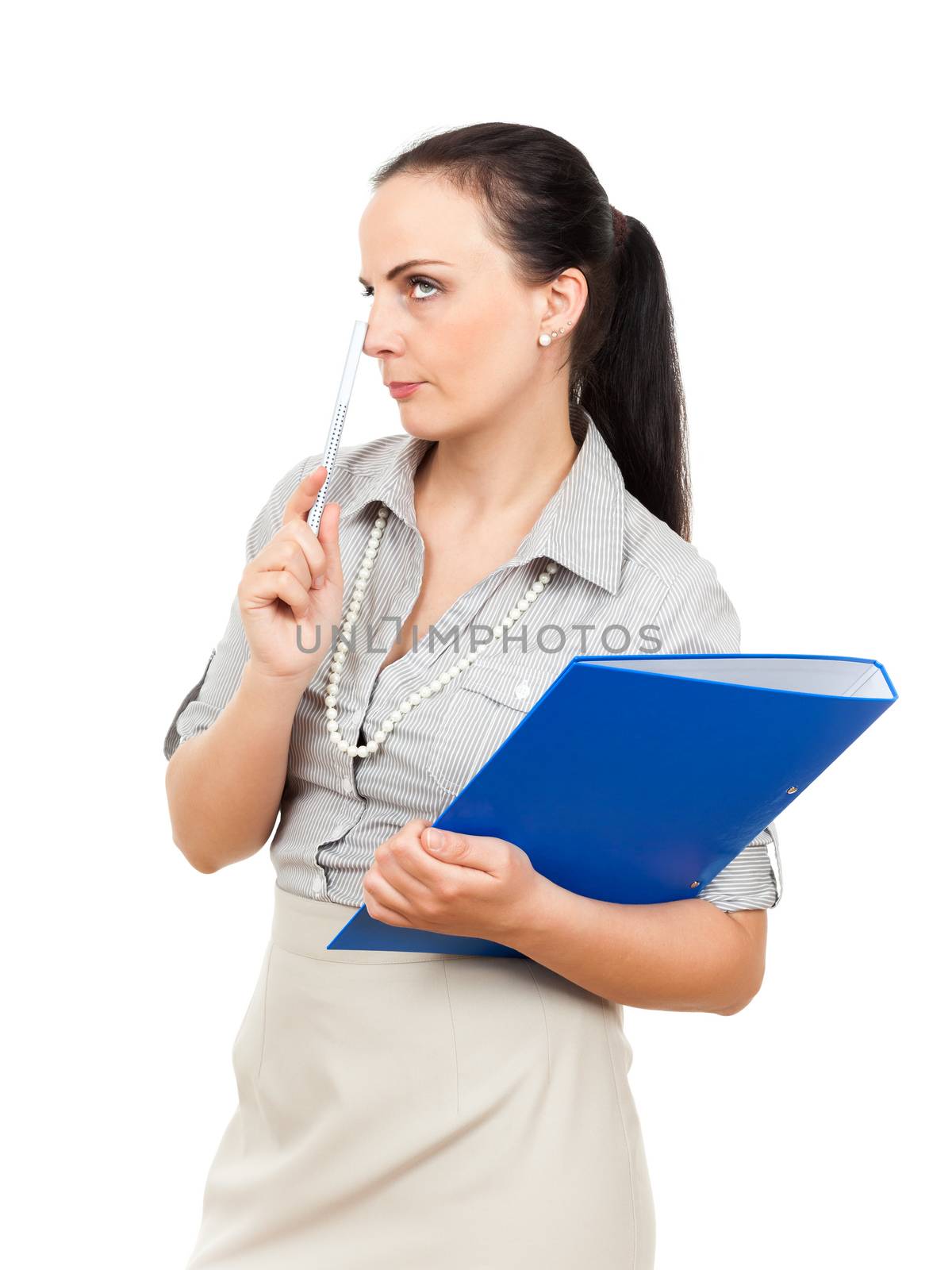 A business woman with a blue binder and a pencil