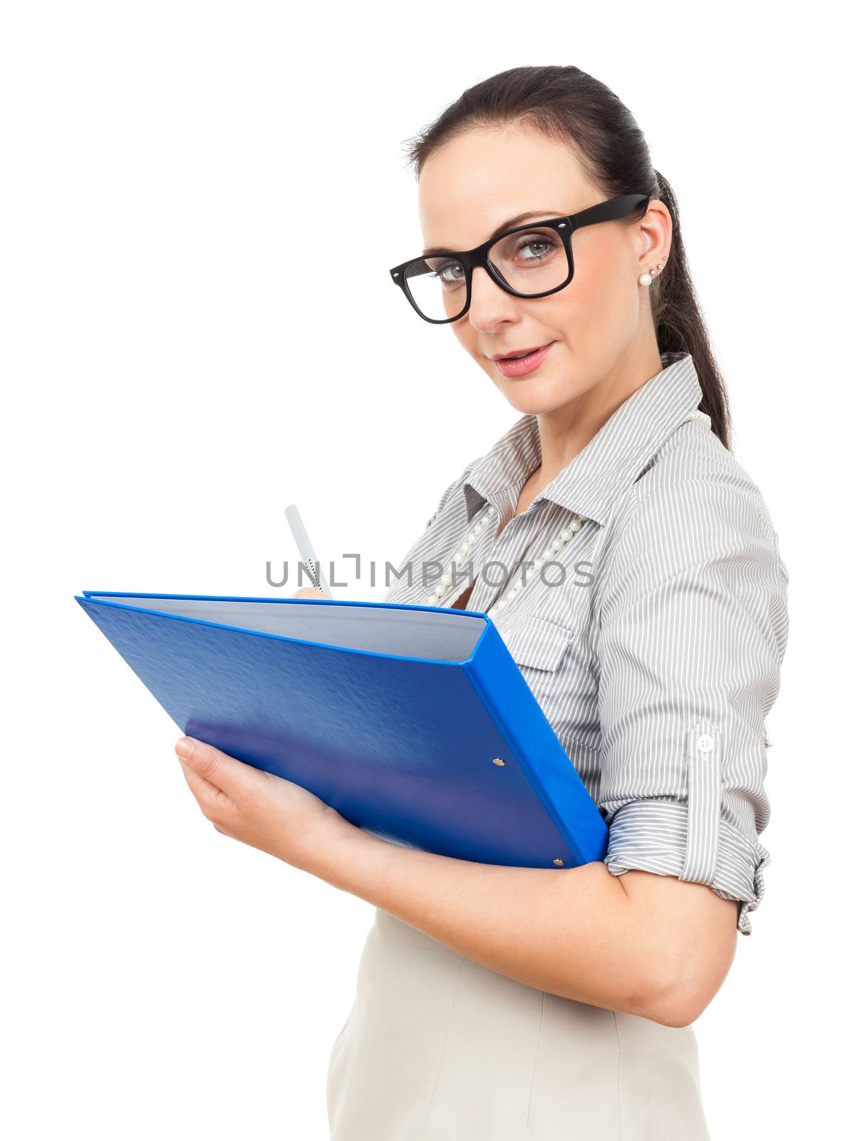 A business woman with a blue binder and a pencil