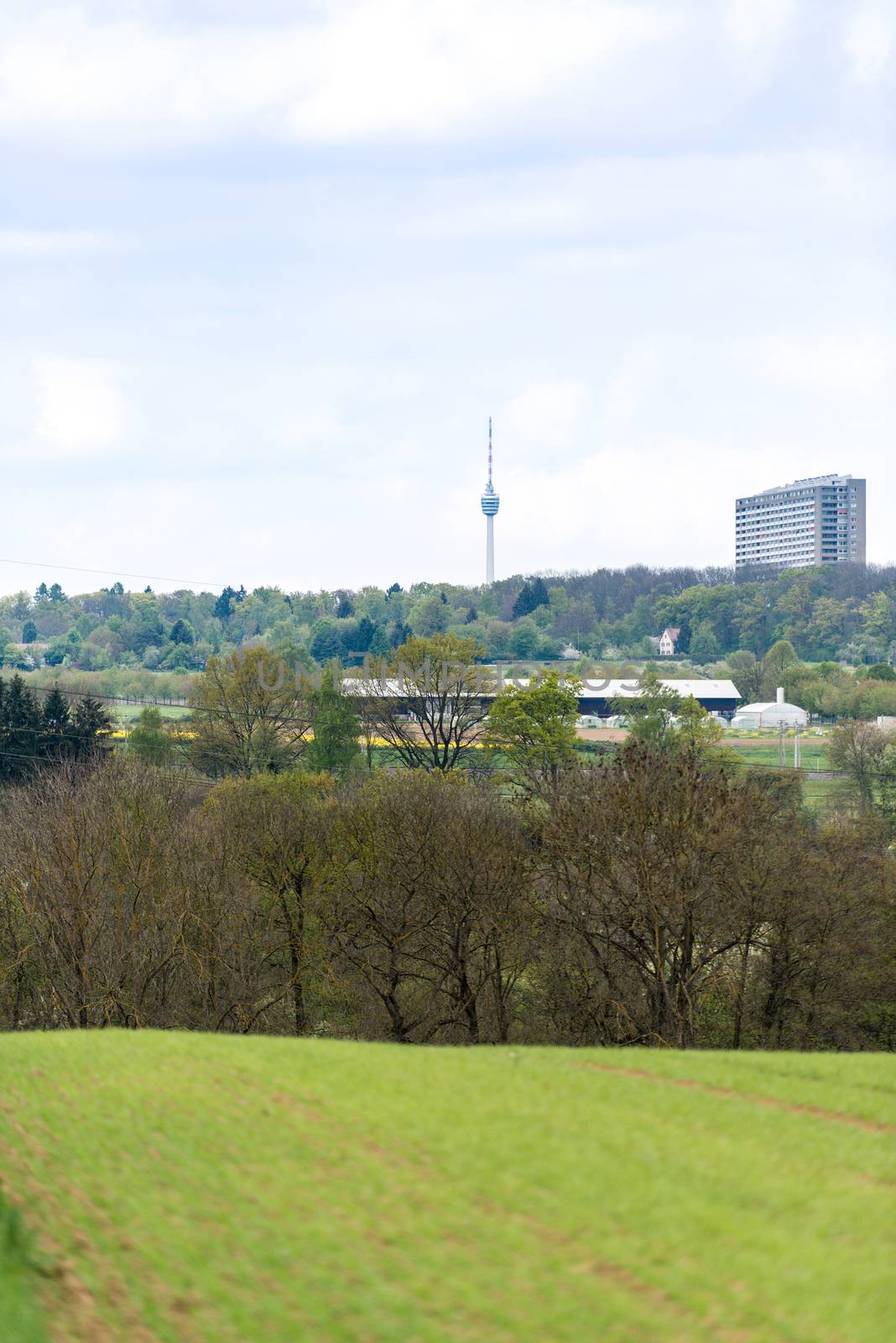 View on Stuttgart, Germany - TV Tower and Asemwald housing project over the fields