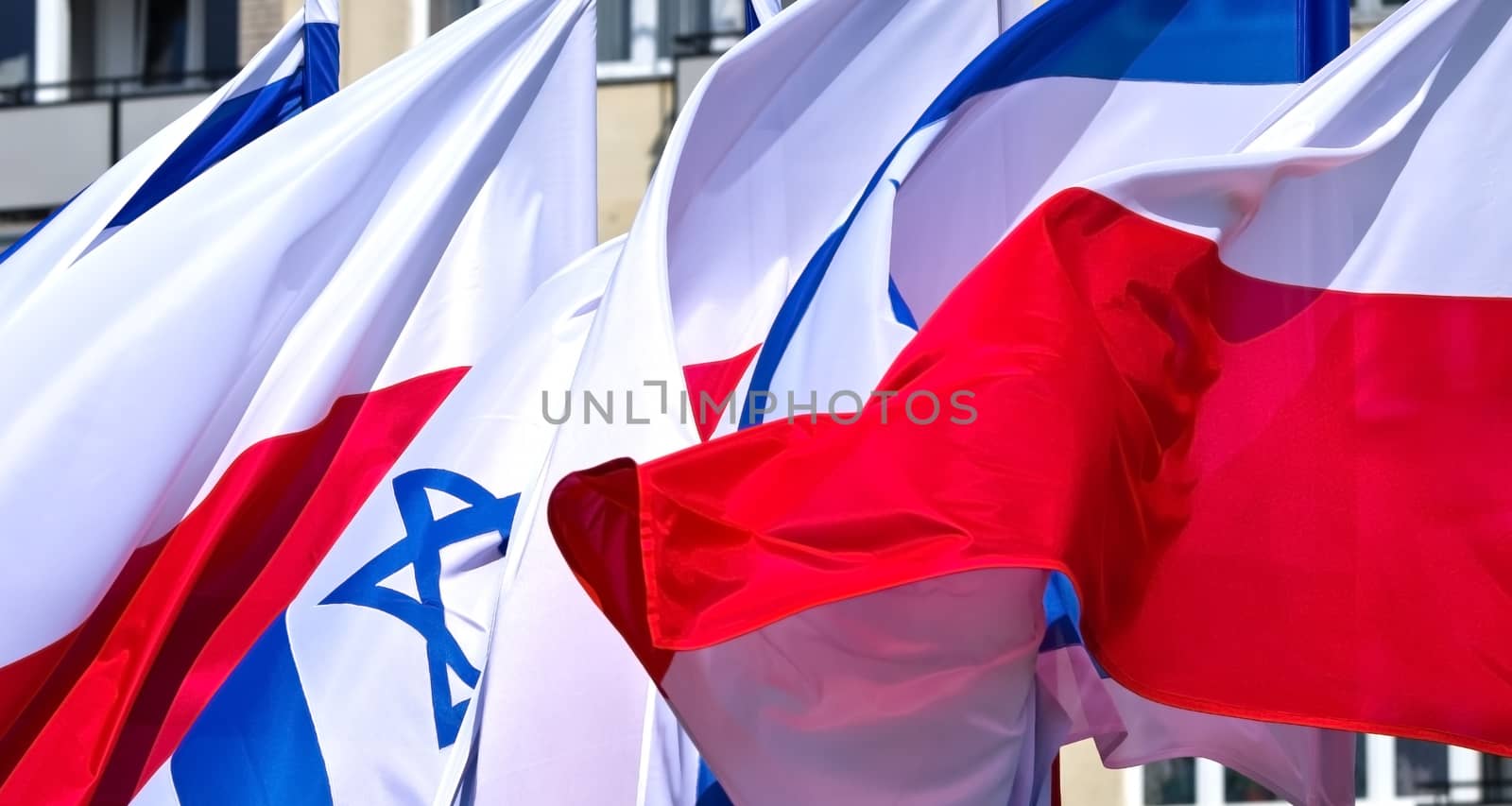 Warsaw, Poland – April 19, 2014: Celebration of the 71 anniversary of the Warsaw Ghetto Uprising. Flags.