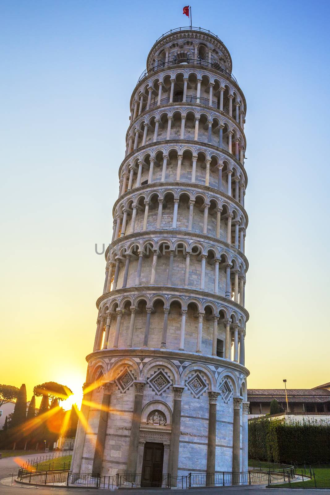 Famous Pisa leaning tower at sunrise, Italy 