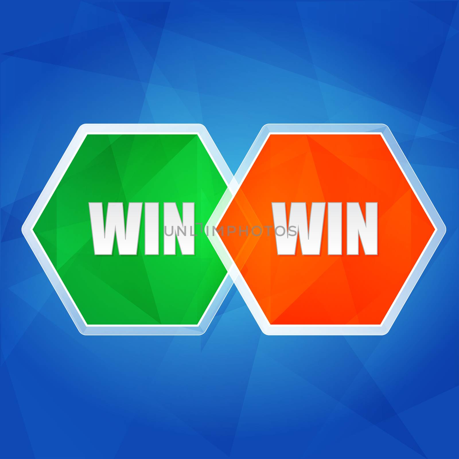 win win - business success teamwork concept words in color hexagons over blue background, flat design