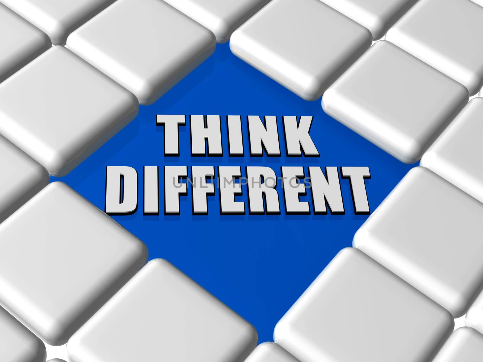 think different - 3d white text over blue between grey boxes keyboard, creative development concept words