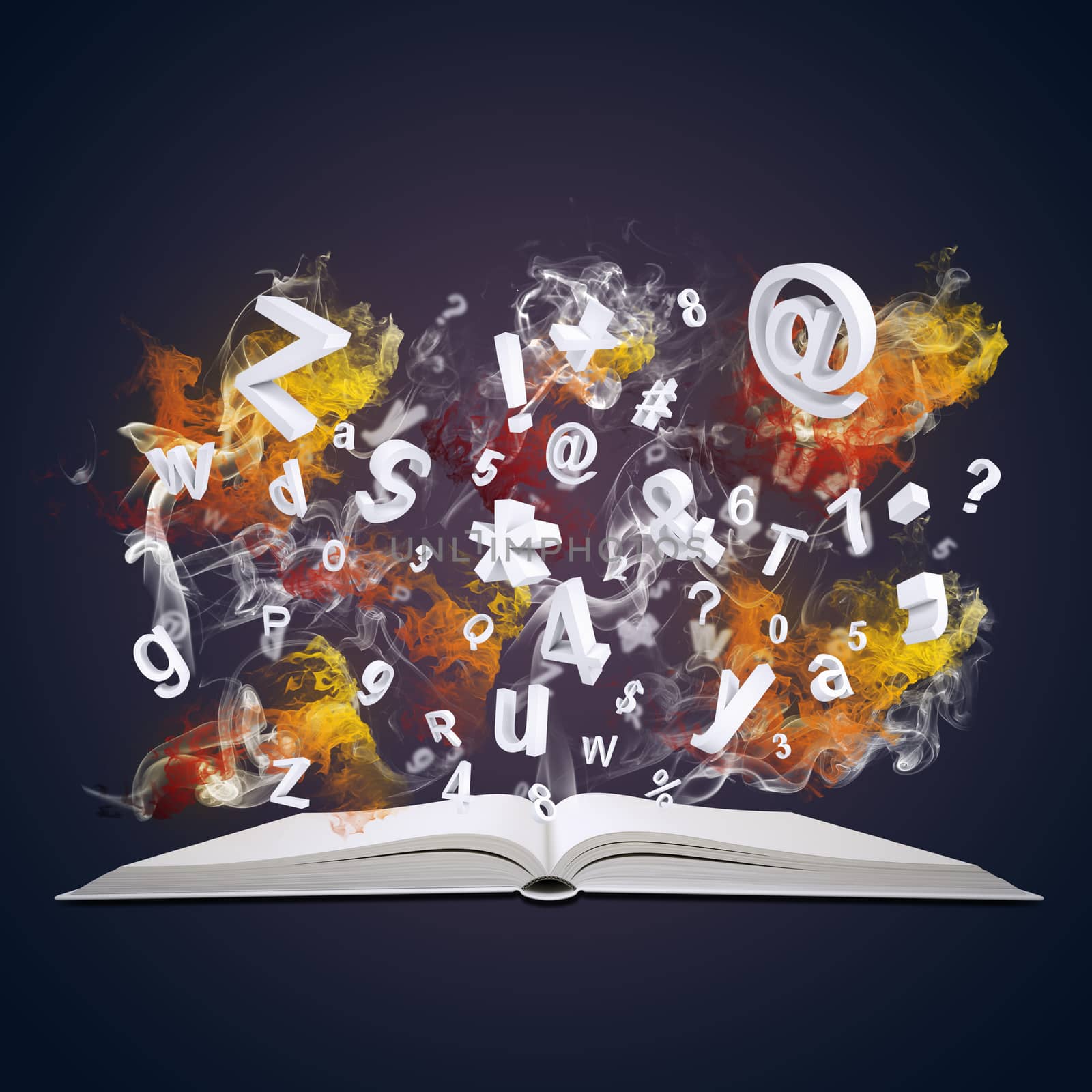 Open white book emits letters, numbers and colored smoke. Education concept