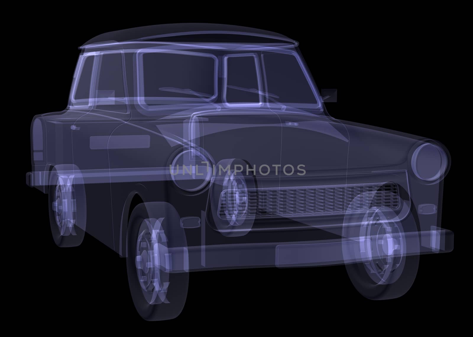 Retro car. X-ray render isolated on black background