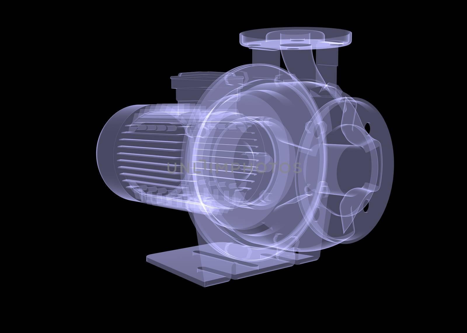 Water pump motor. X-ray isolated render on black background