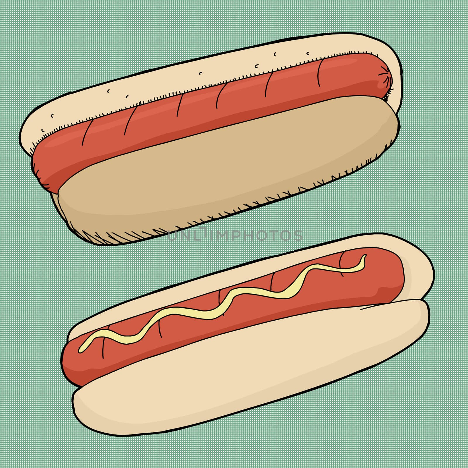 Pair of hot dogs on green halftone background