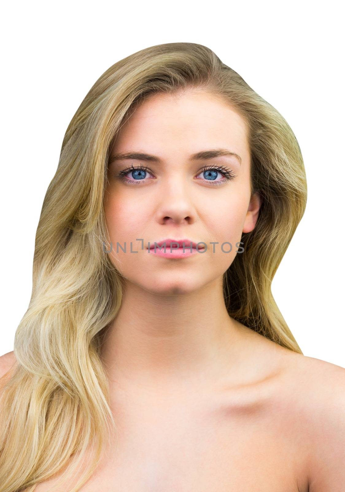 Serious blonde natural beauty on white background