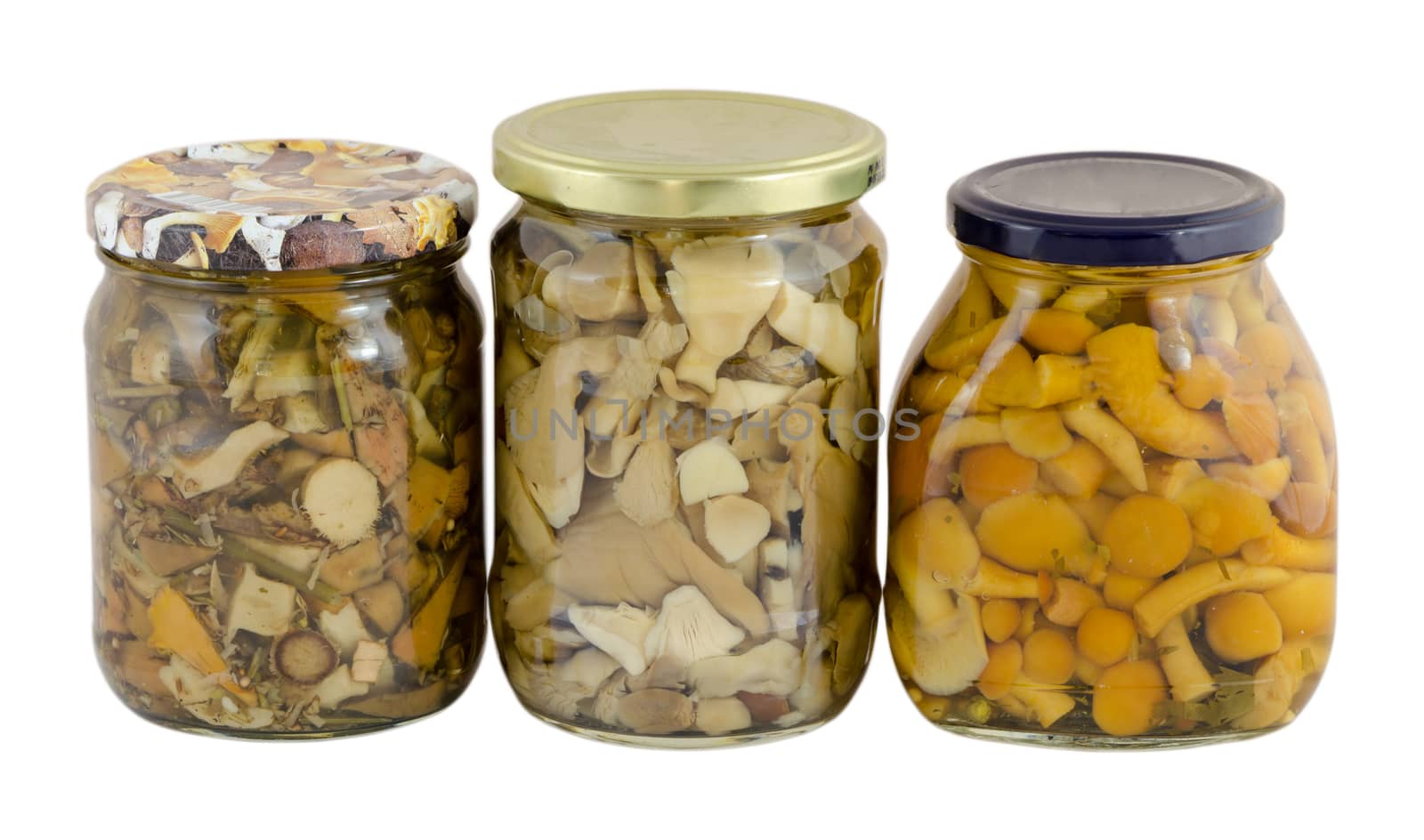 three glass jar of pickled variety forest mushrooms isolated on white background