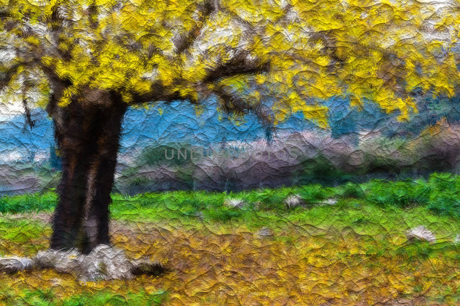 Autumn tree scene with yellow leaves - painting effect