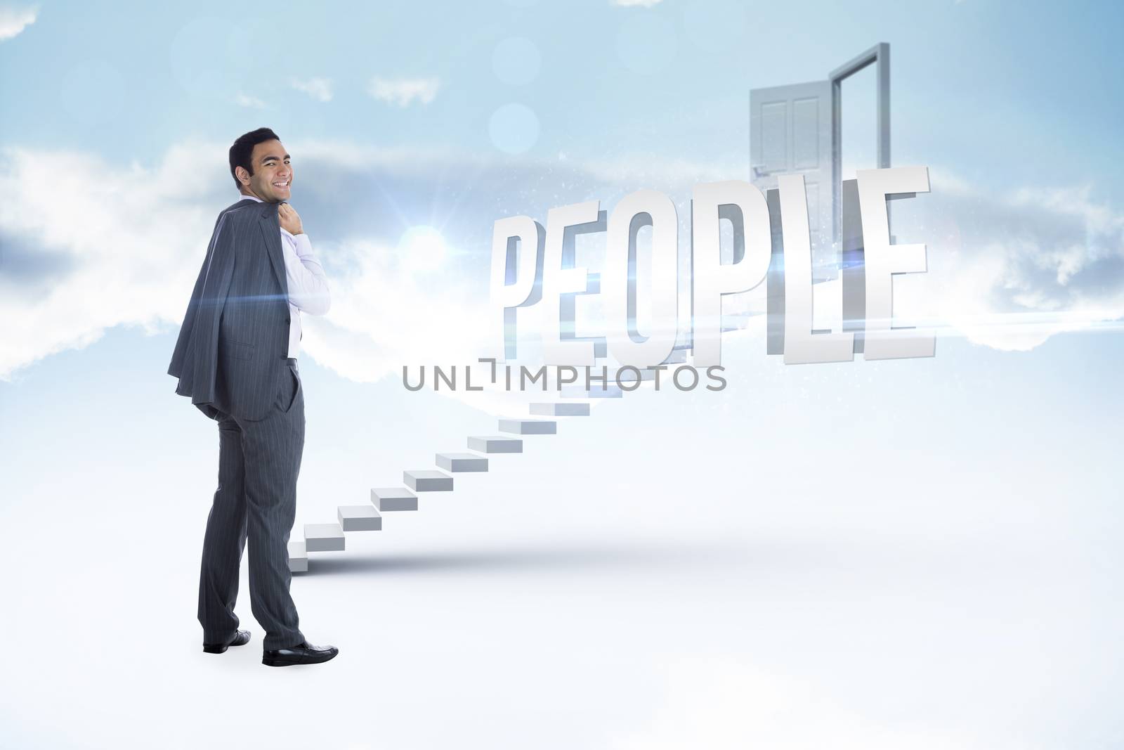 The word people and smiling businessman standing against white steps leading to open door