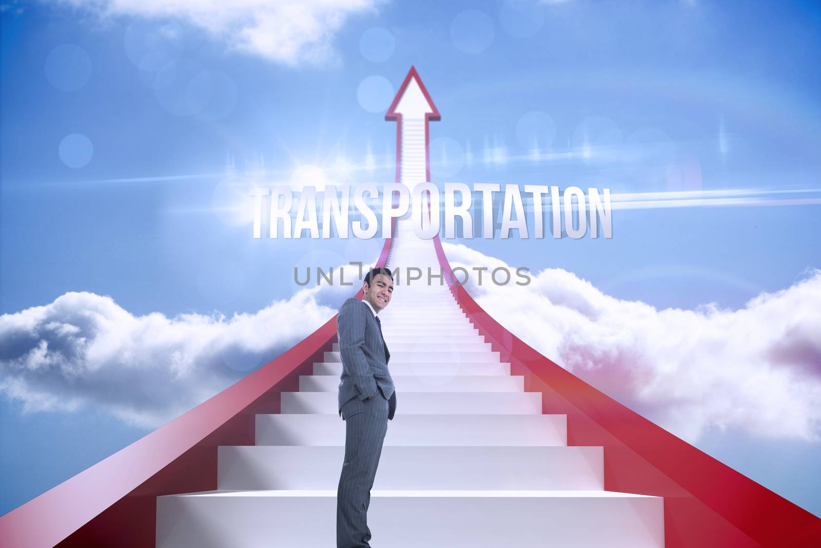 The word transportation and smiling businessman standing against red steps arrow pointing up against sky