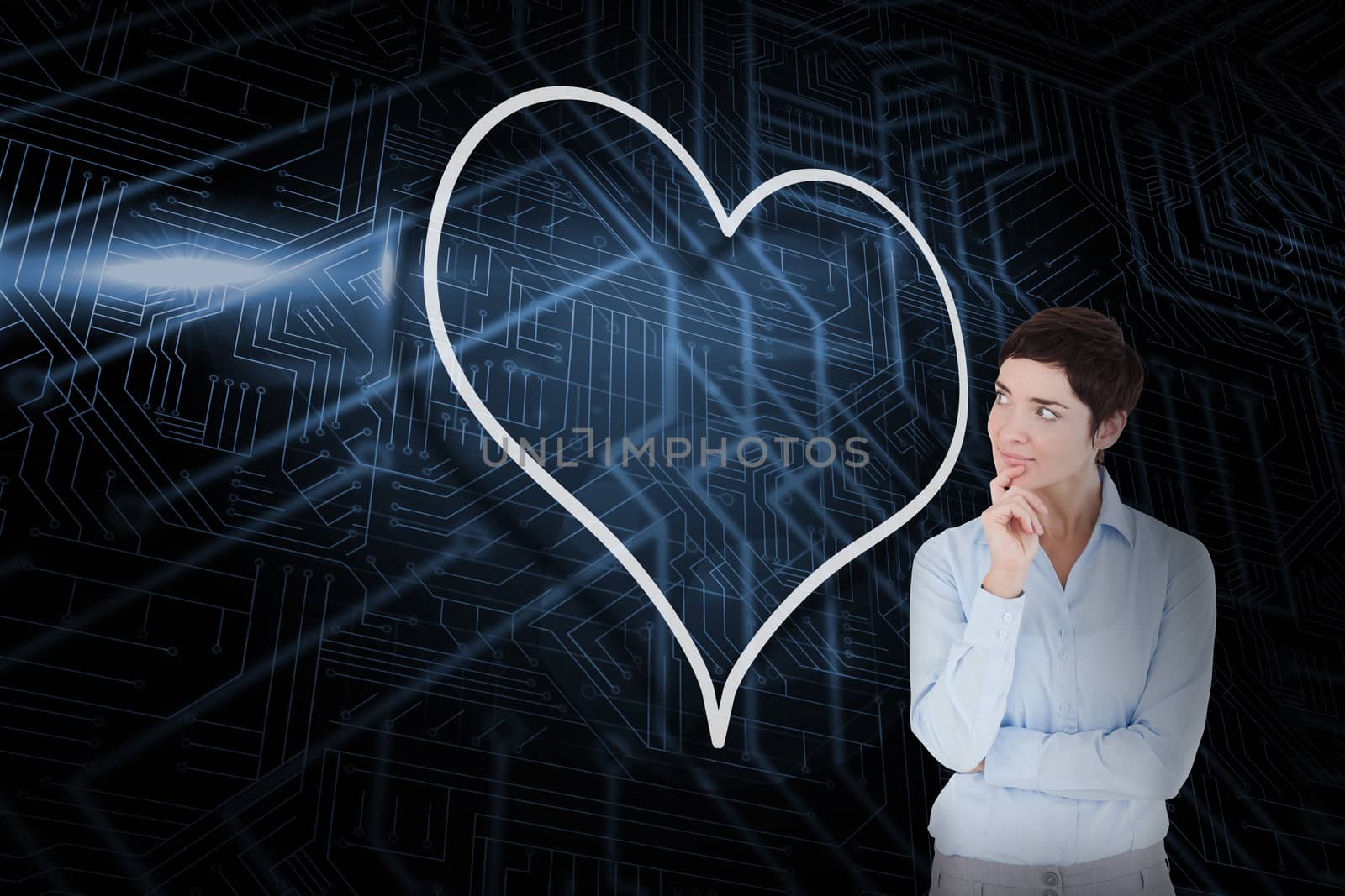 Composite image of heart and thinking businesswoman against futuristic black and blue background