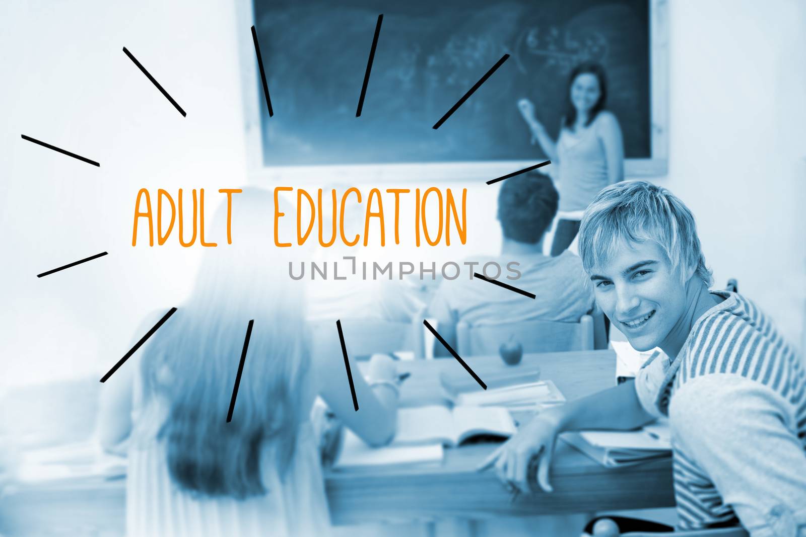 The word adult education against students in a classroom