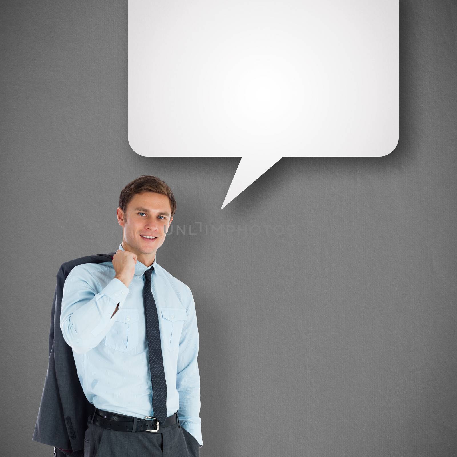 Smiling businessman holding his jacket with speech bubble