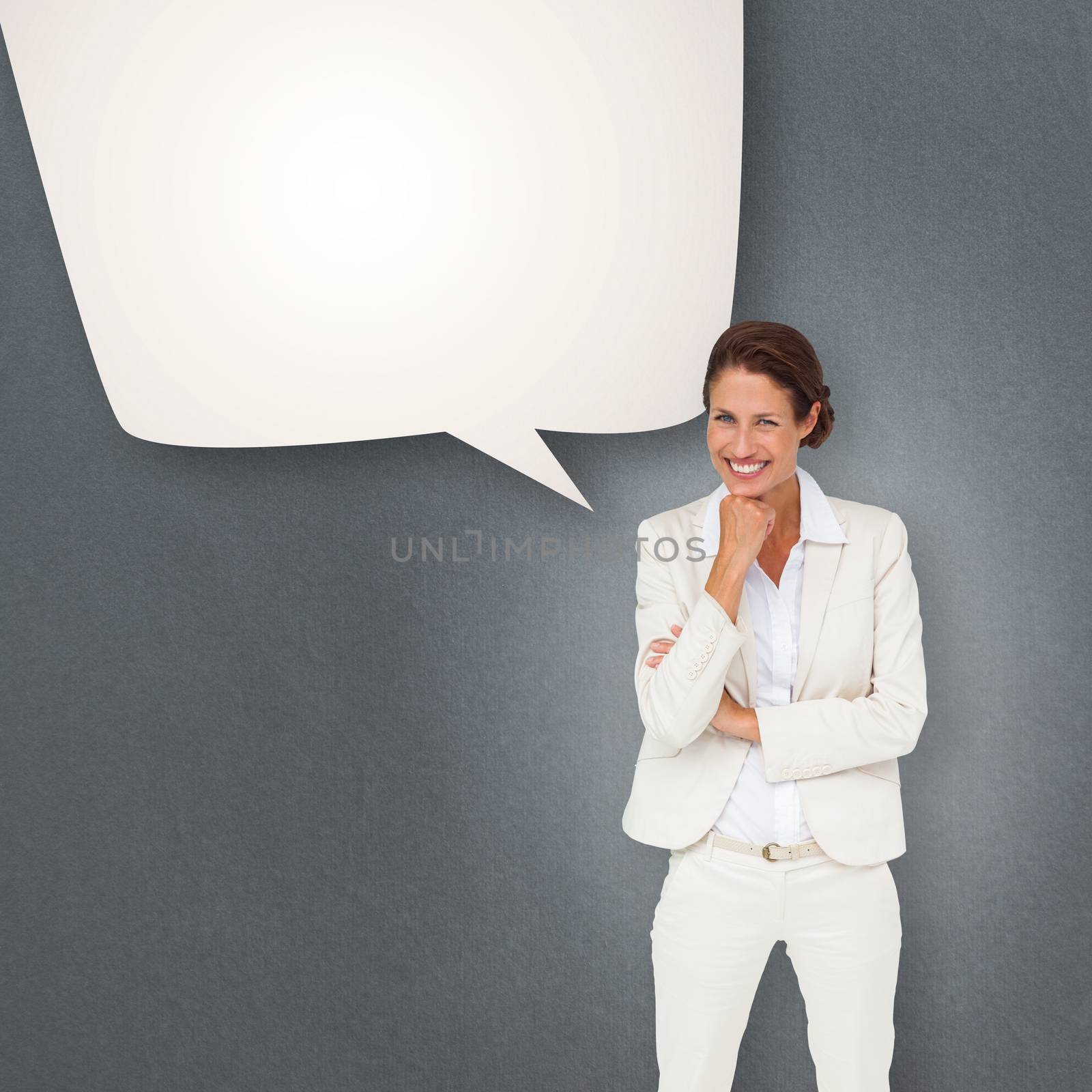 Thinking businesswoman against speech bubble