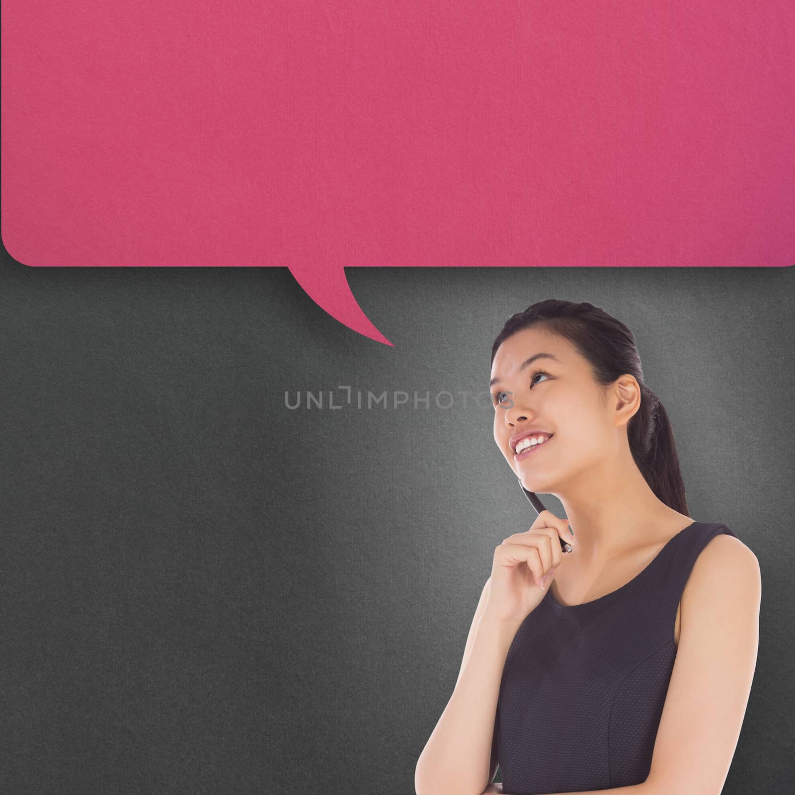 Thinking businesswoman against speech bubble