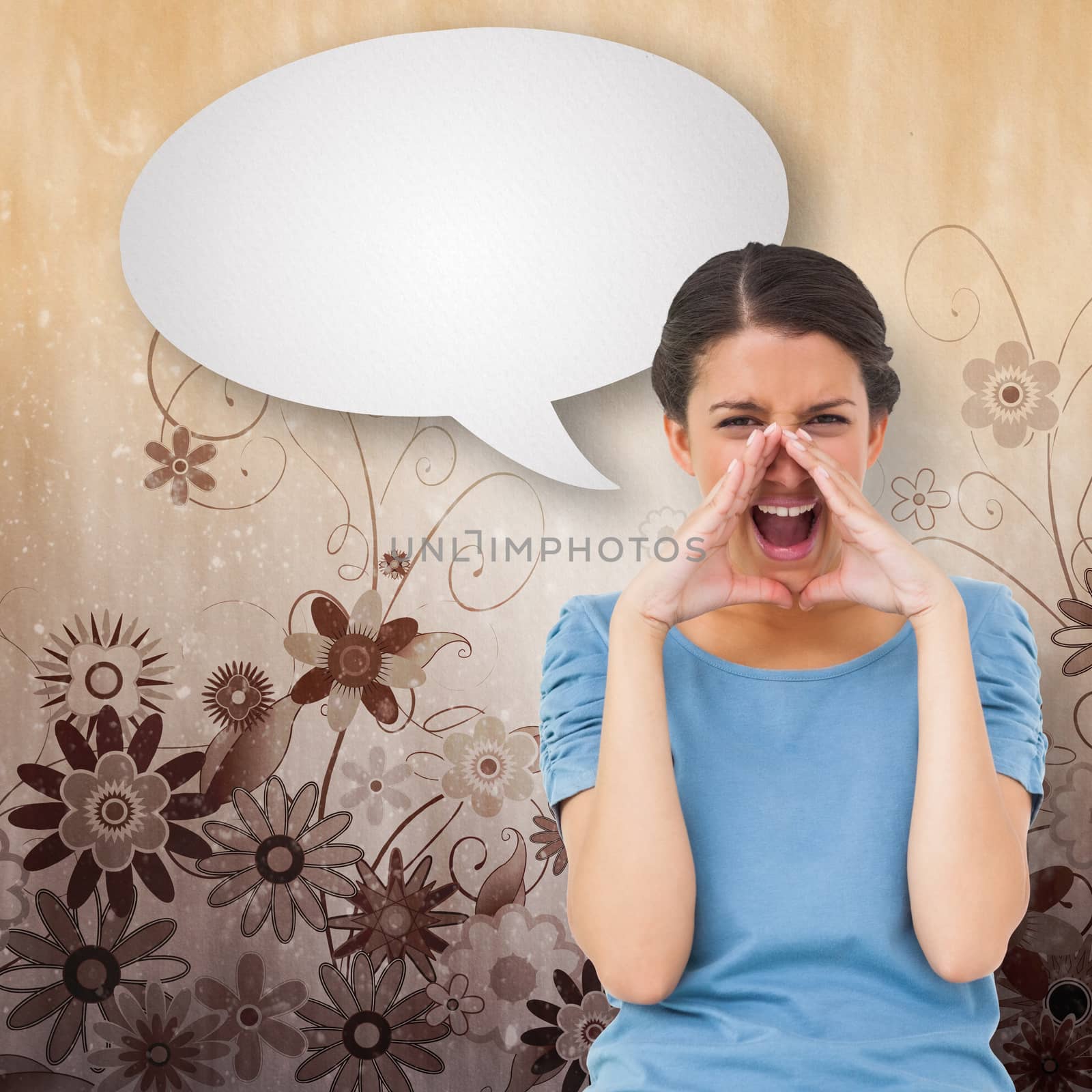 Pretty brunette shouting with speech bubble against digitally generated girly floral design