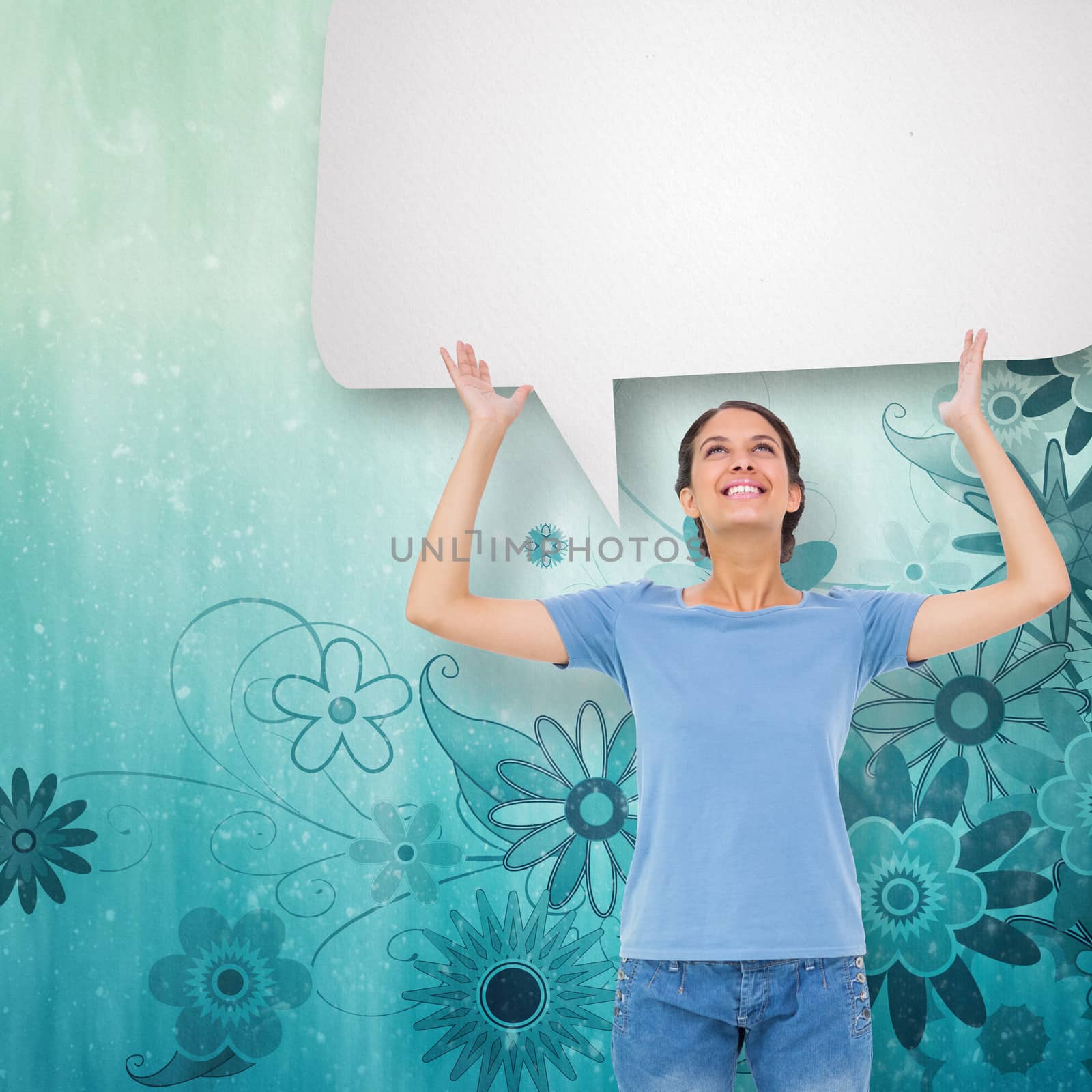 Composite image of pretty brunette gesturing with speech bubble by Wavebreakmedia