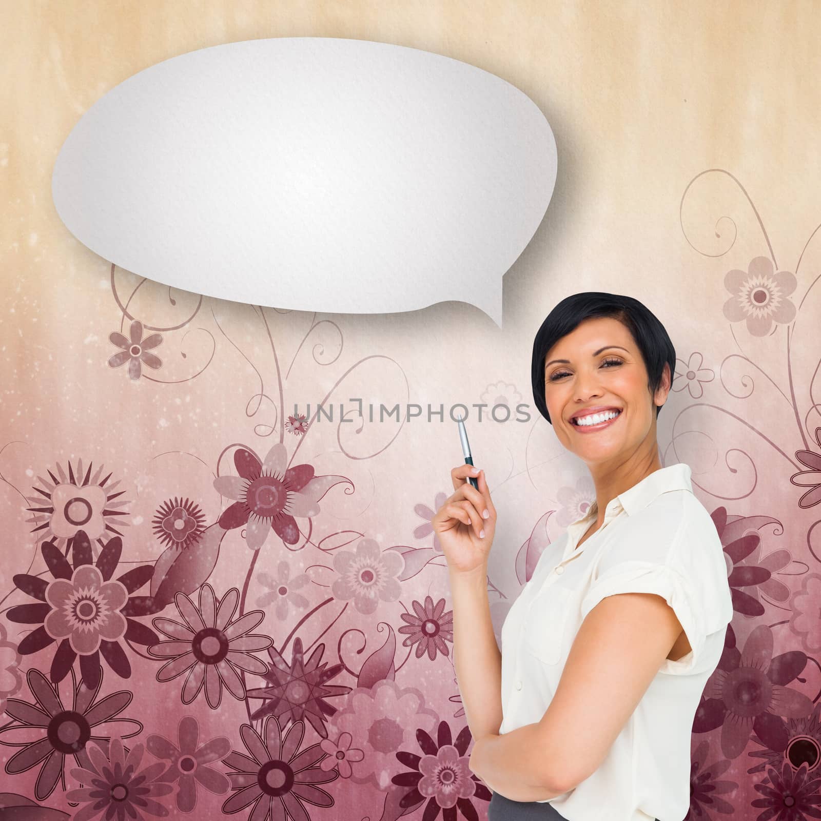Thoughtful businesswoman with speech bubble against digitally generated girly floral design