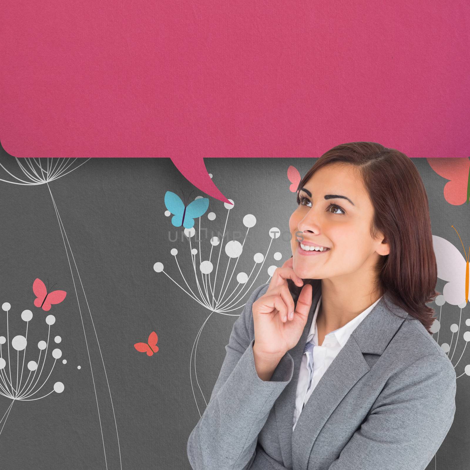 Smiling thoughtful businesswoman with speech bubble against colourful butterflies and dandelions