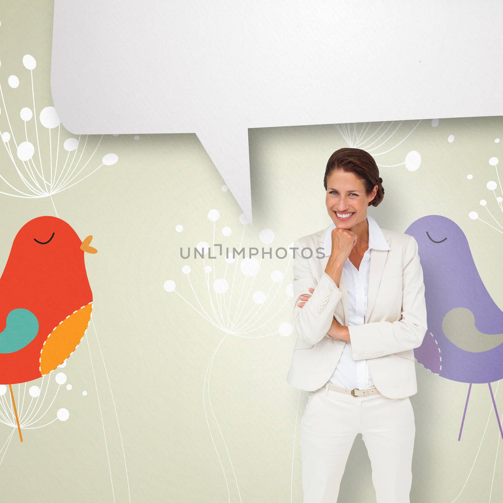 Thinking businesswoman with speech bubble against feminine design of dandelions and birds 