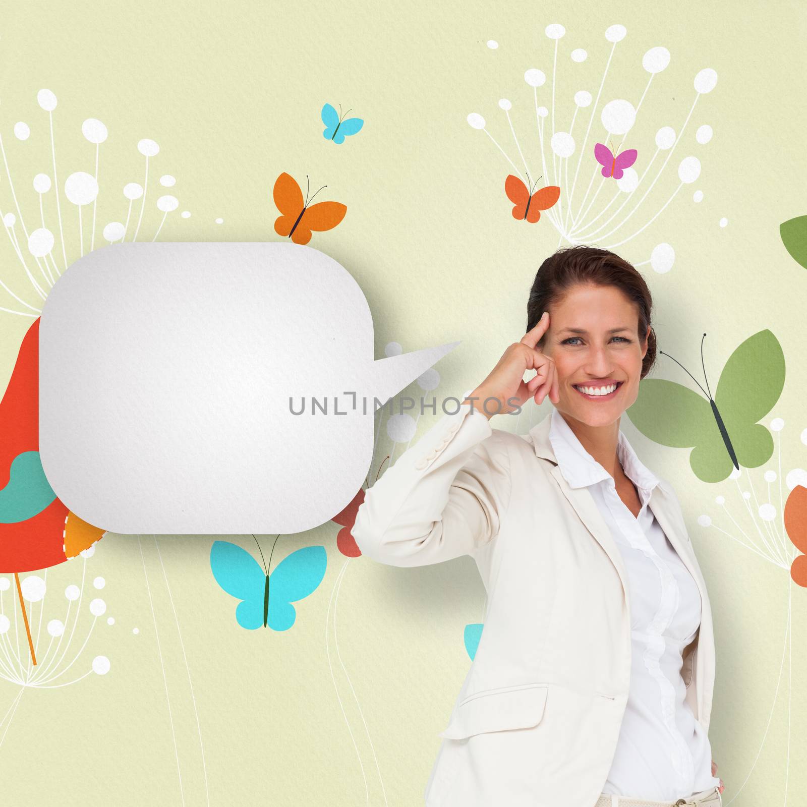 Thinking businesswoman with speech bubble against orange bird with heart and dandelions