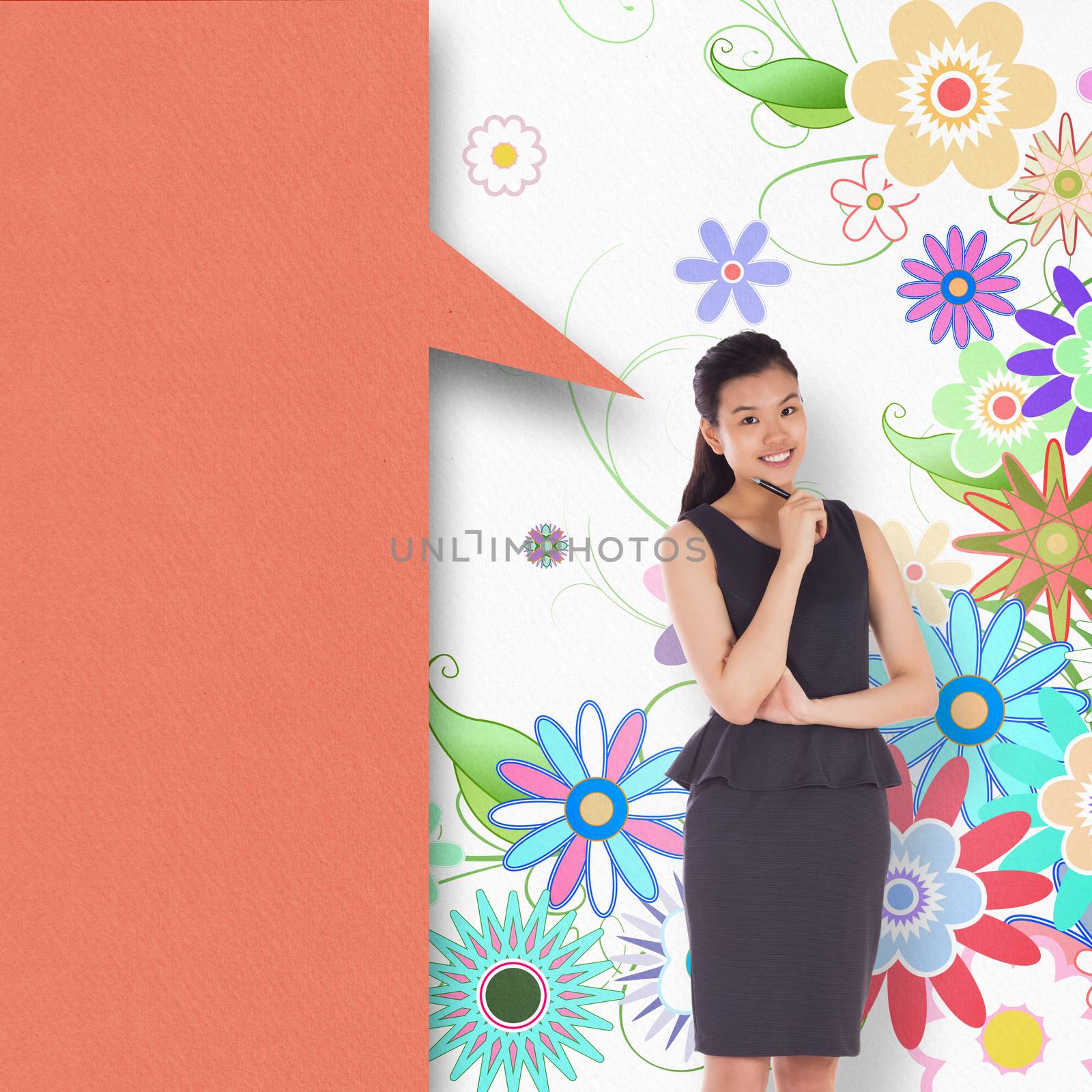 Thoughtful asian businesswoman with speech bubble against digitally generated girly floral design