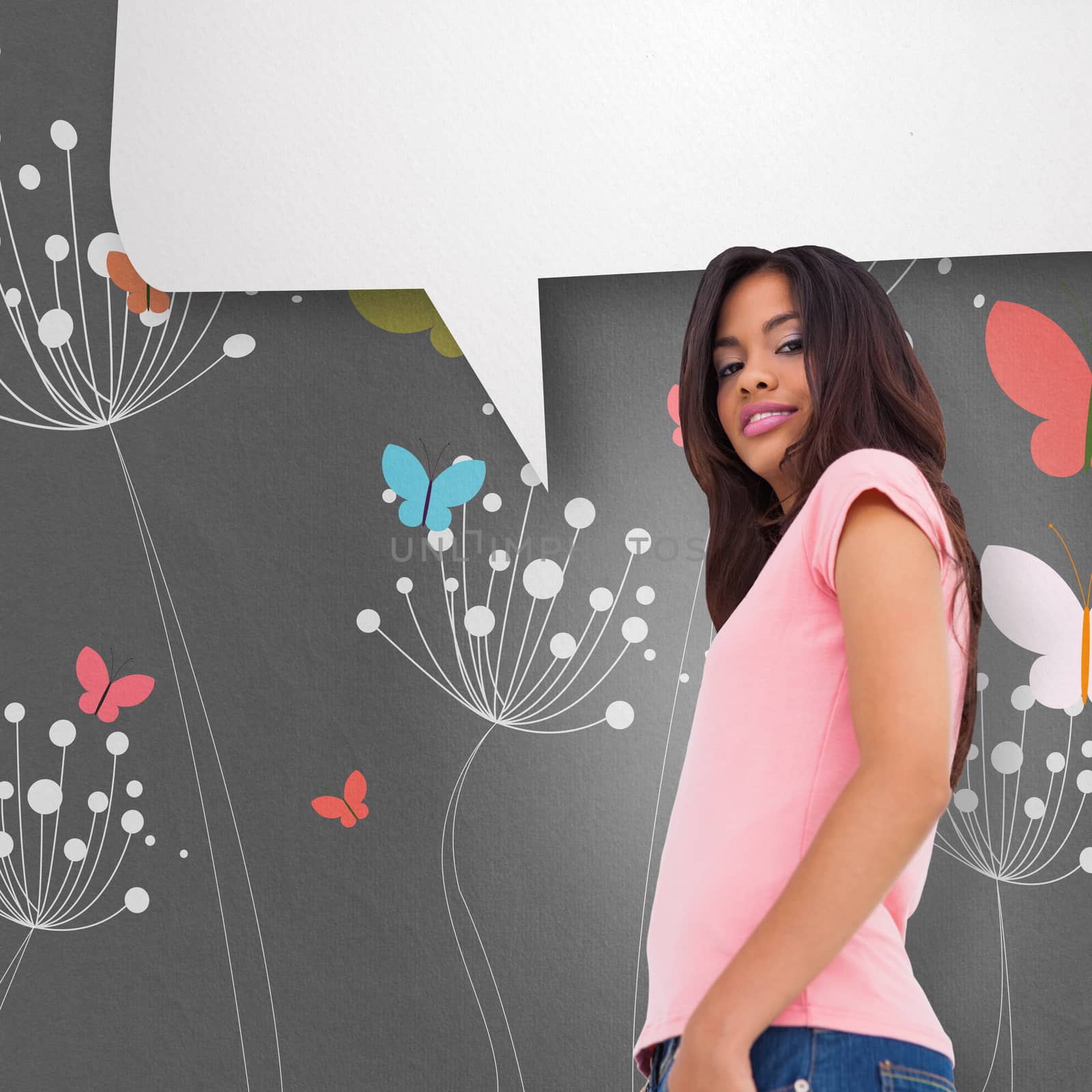 Composite image of pretty brunette stepping with speech bubble by Wavebreakmedia