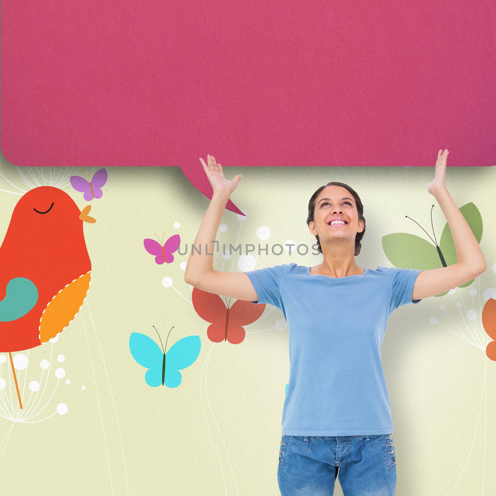 Composite image of pretty brunette gesturing with speech bubble by Wavebreakmedia