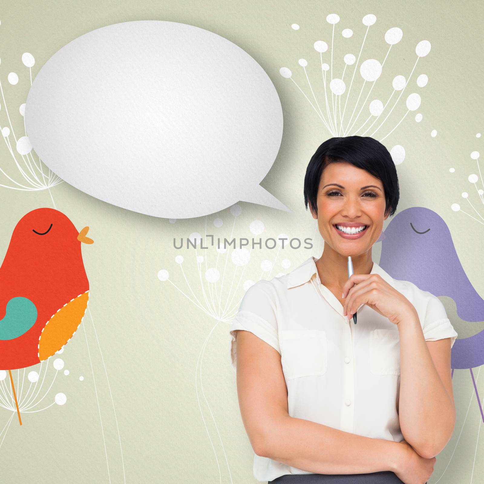 Thoughtful businesswoman with speech bubble against feminine design of dandelions and birds 
