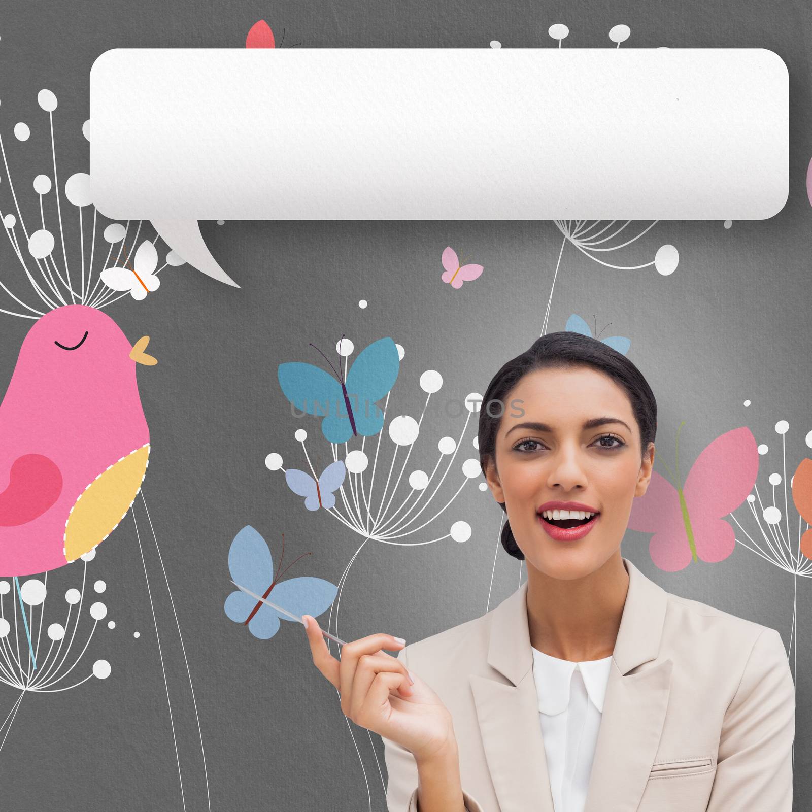 Smiling businesswoman holding a pen with speech bubble against pink bird with heart and dandelions