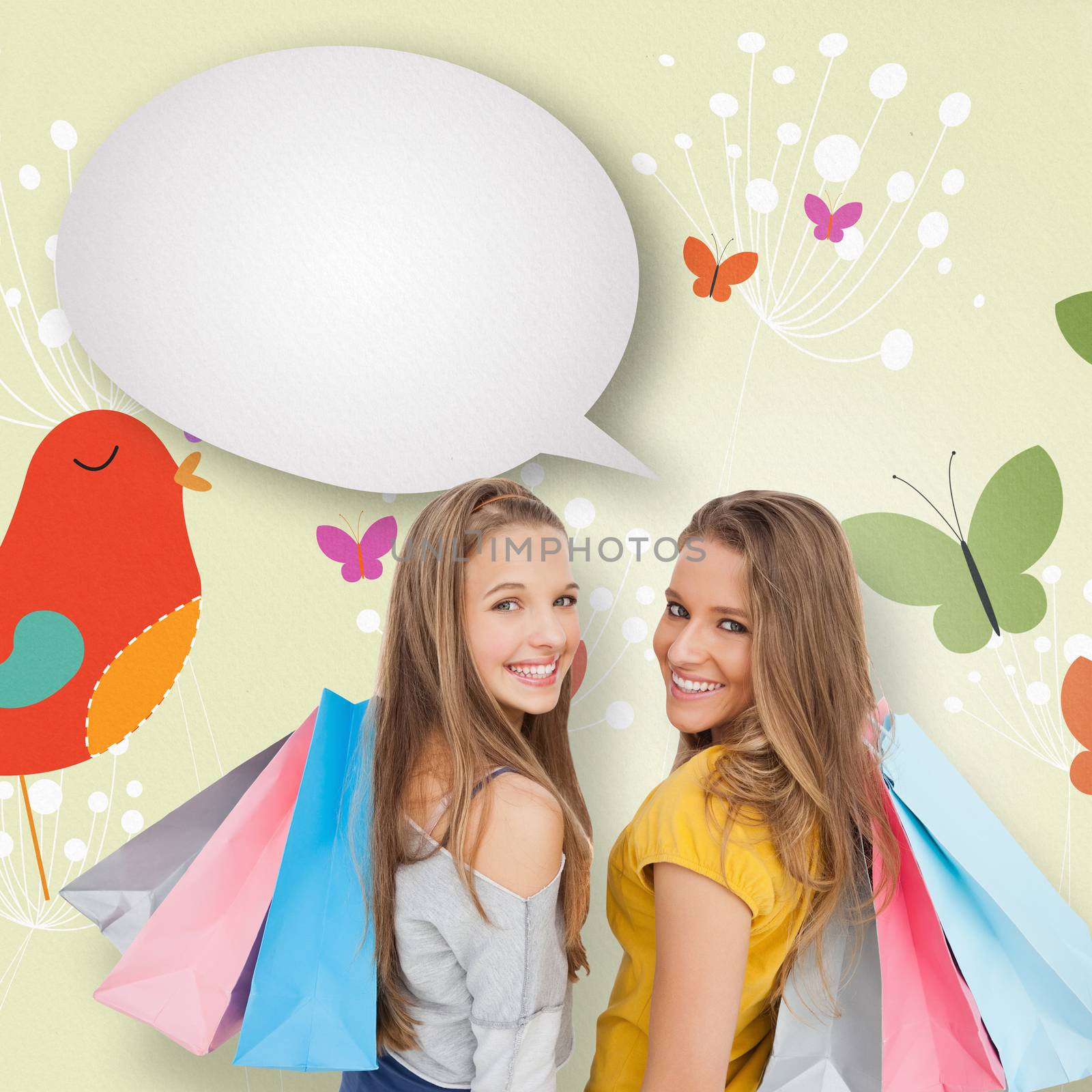 Two young women with shopping bags with speech bubble against orange bird with heart and dandelions