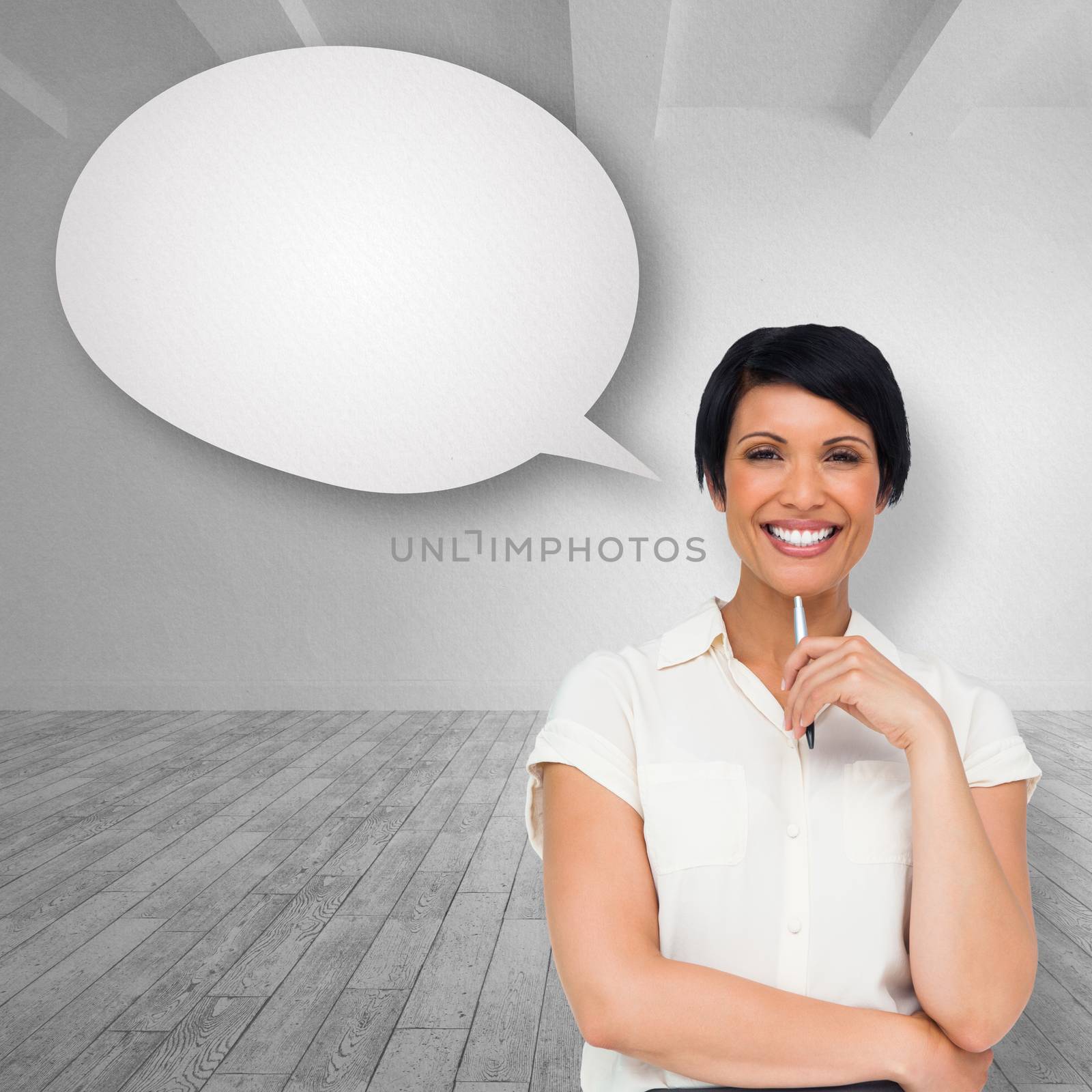 Composite image of thoughtful businesswoman with speech bubble by Wavebreakmedia