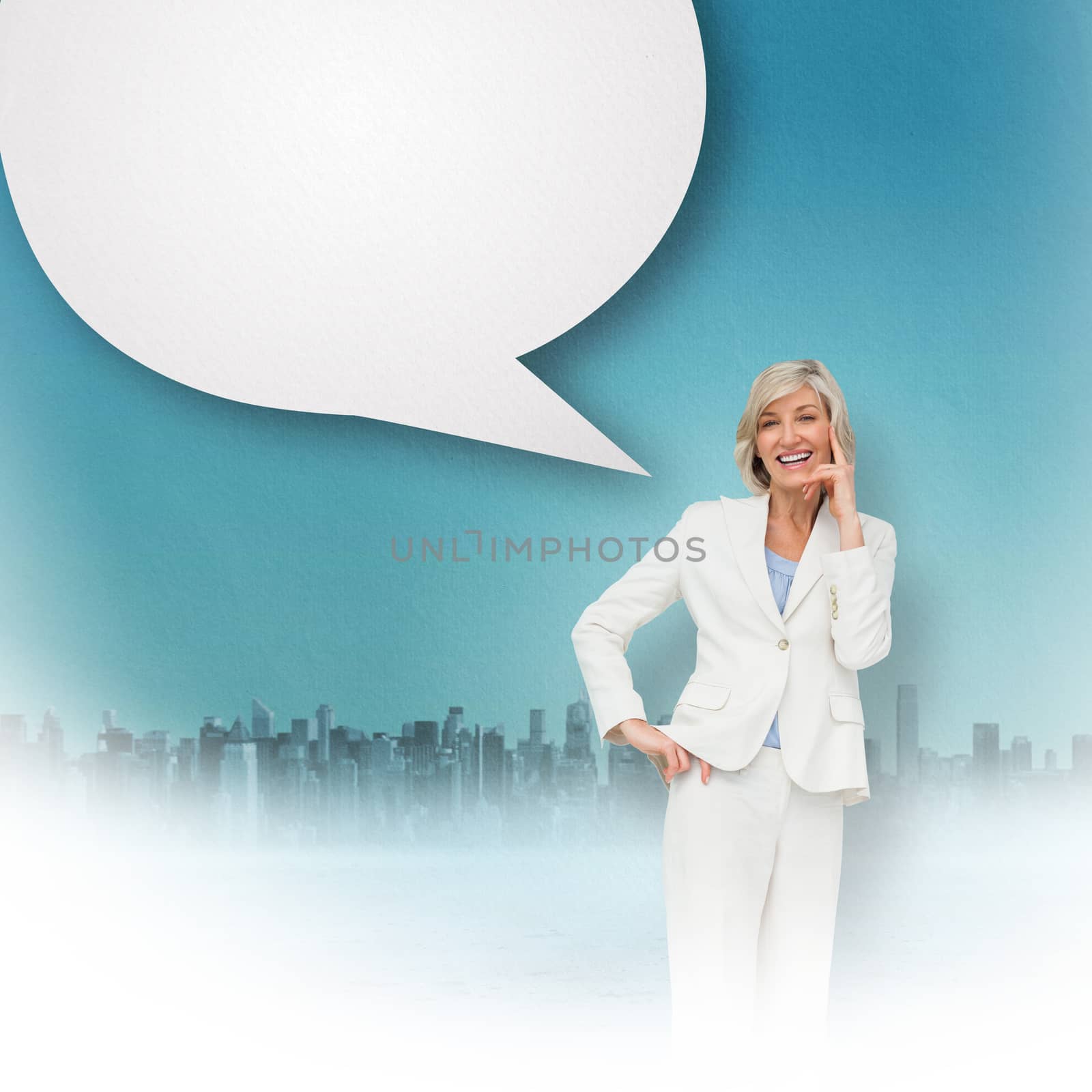 Thinking businesswoman with speech bubble against cityscape on the horizon