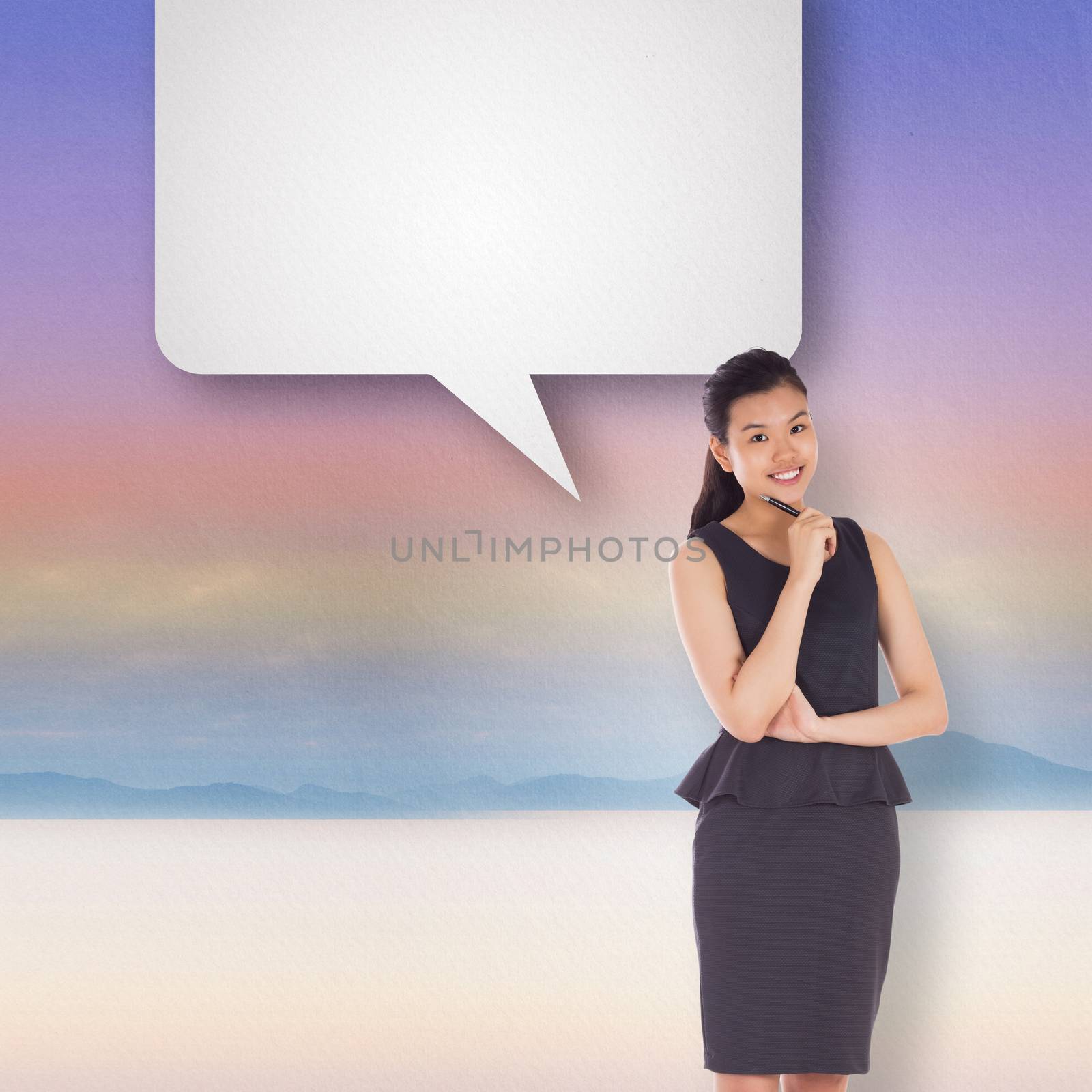 Composite image of thoughtful asian businesswoman with speech bubble by Wavebreakmedia