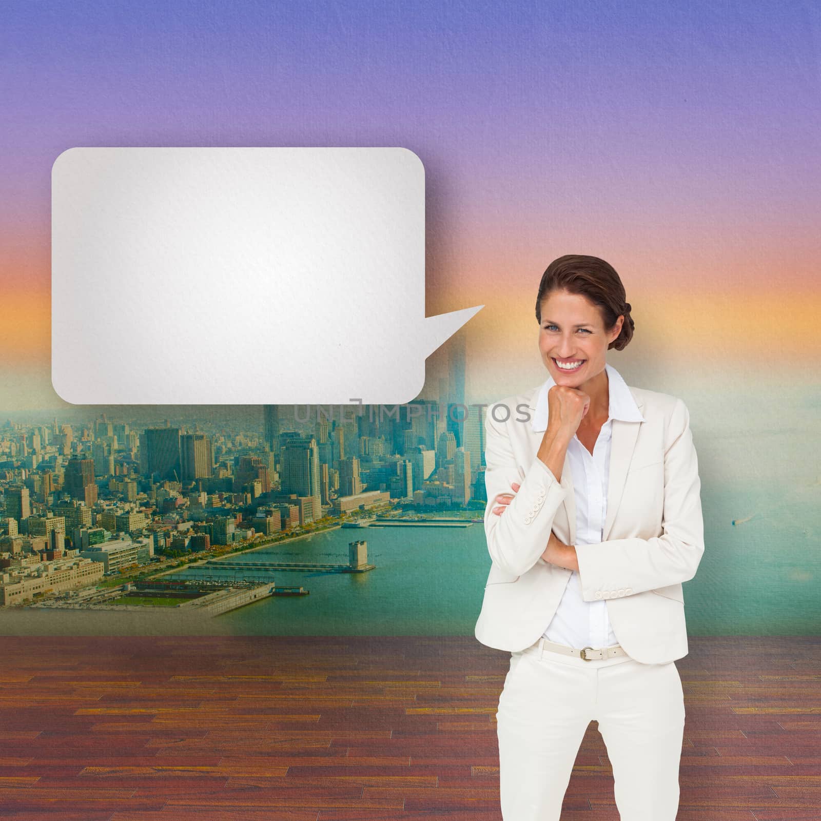 Thinking businesswoman with speech bubble against city projection on wall