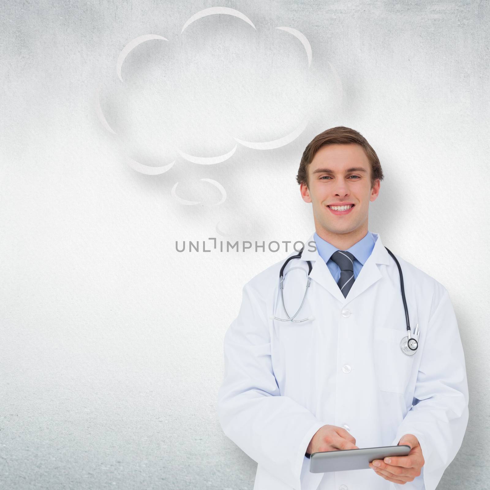 Young doctor using tablet pc with thought bubble against white wall
