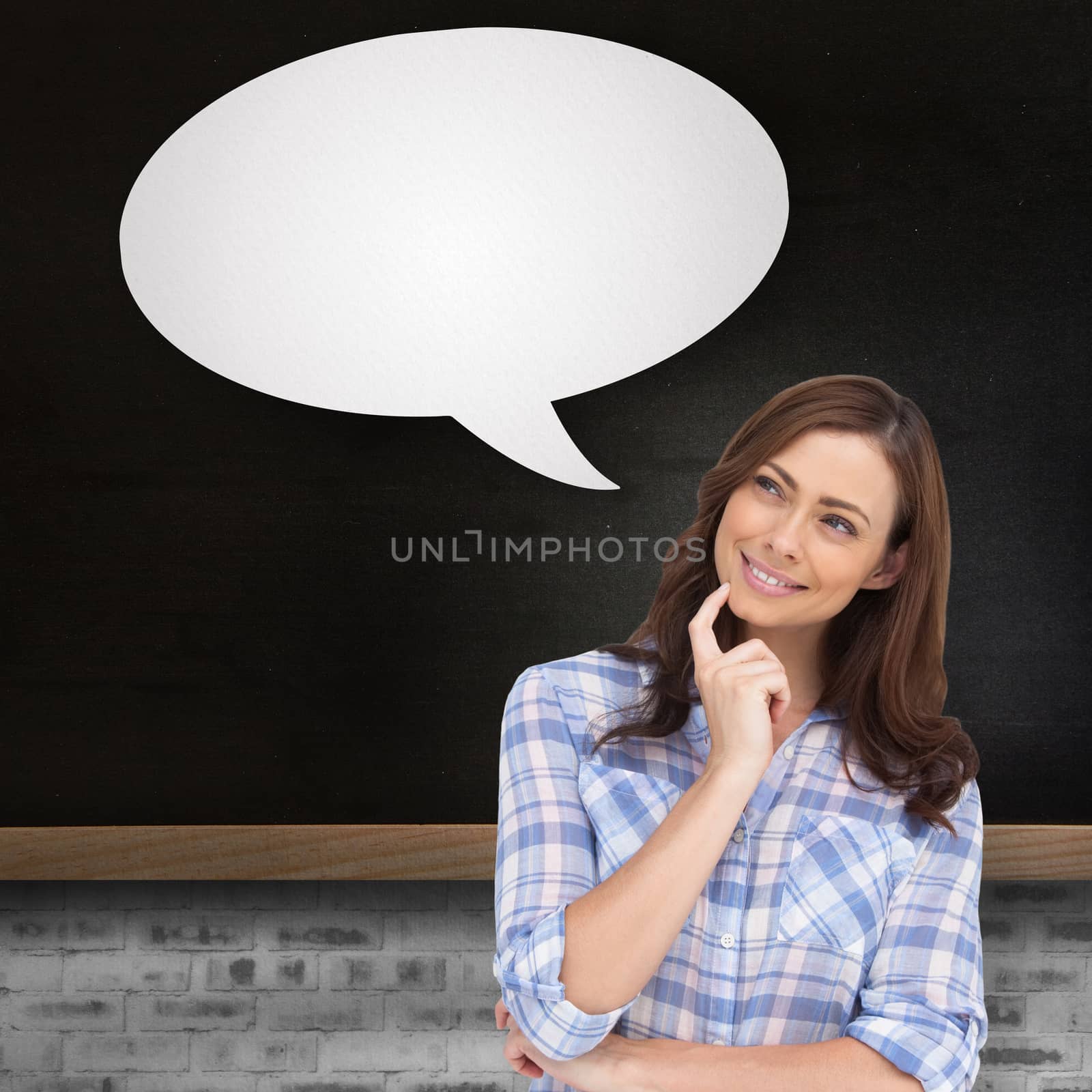 Composite image of thoughtful woman with speech bubble placing her finger on her chin by Wavebreakmedia