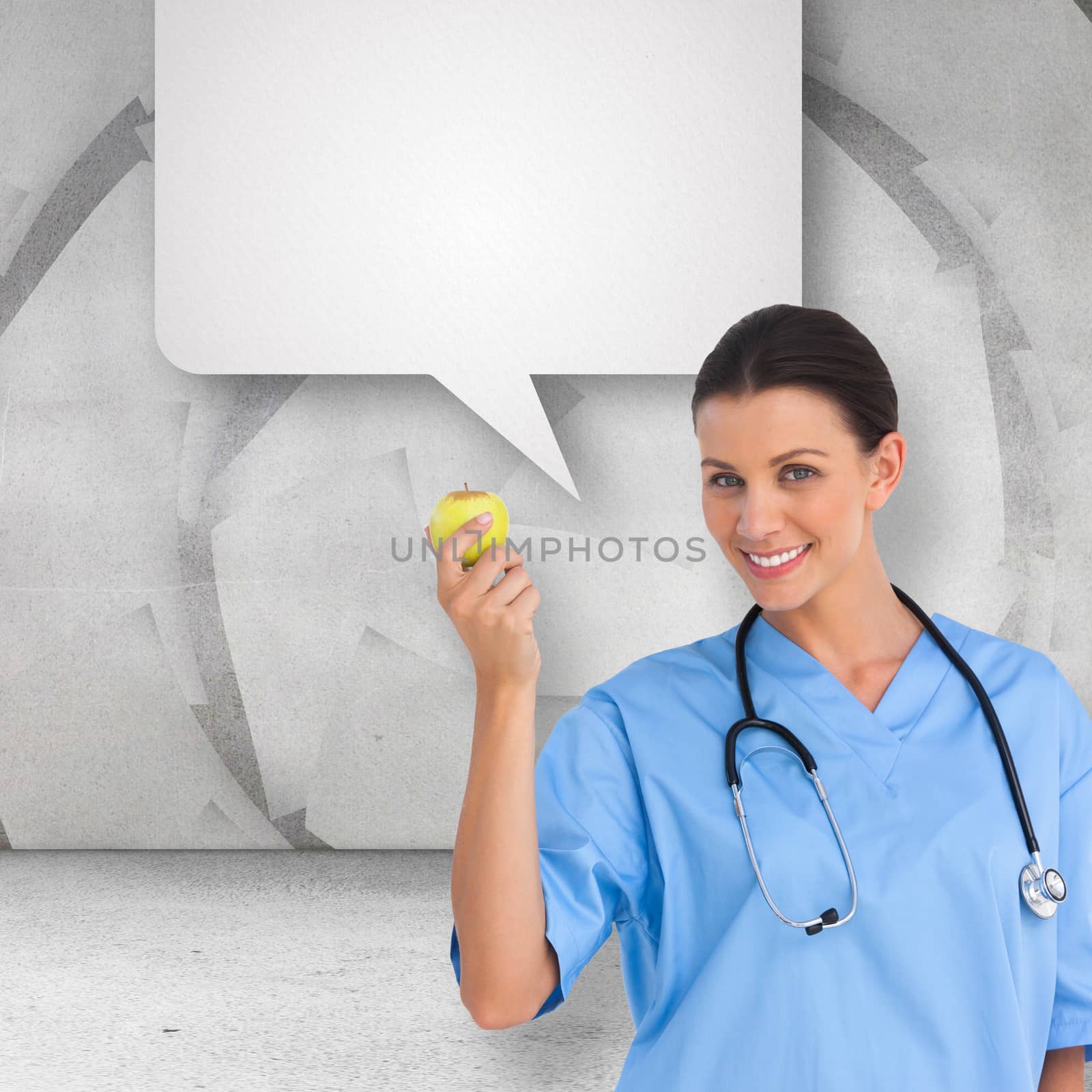 Composite image of happy surgeon holding an apple and smiling at camera by Wavebreakmedia