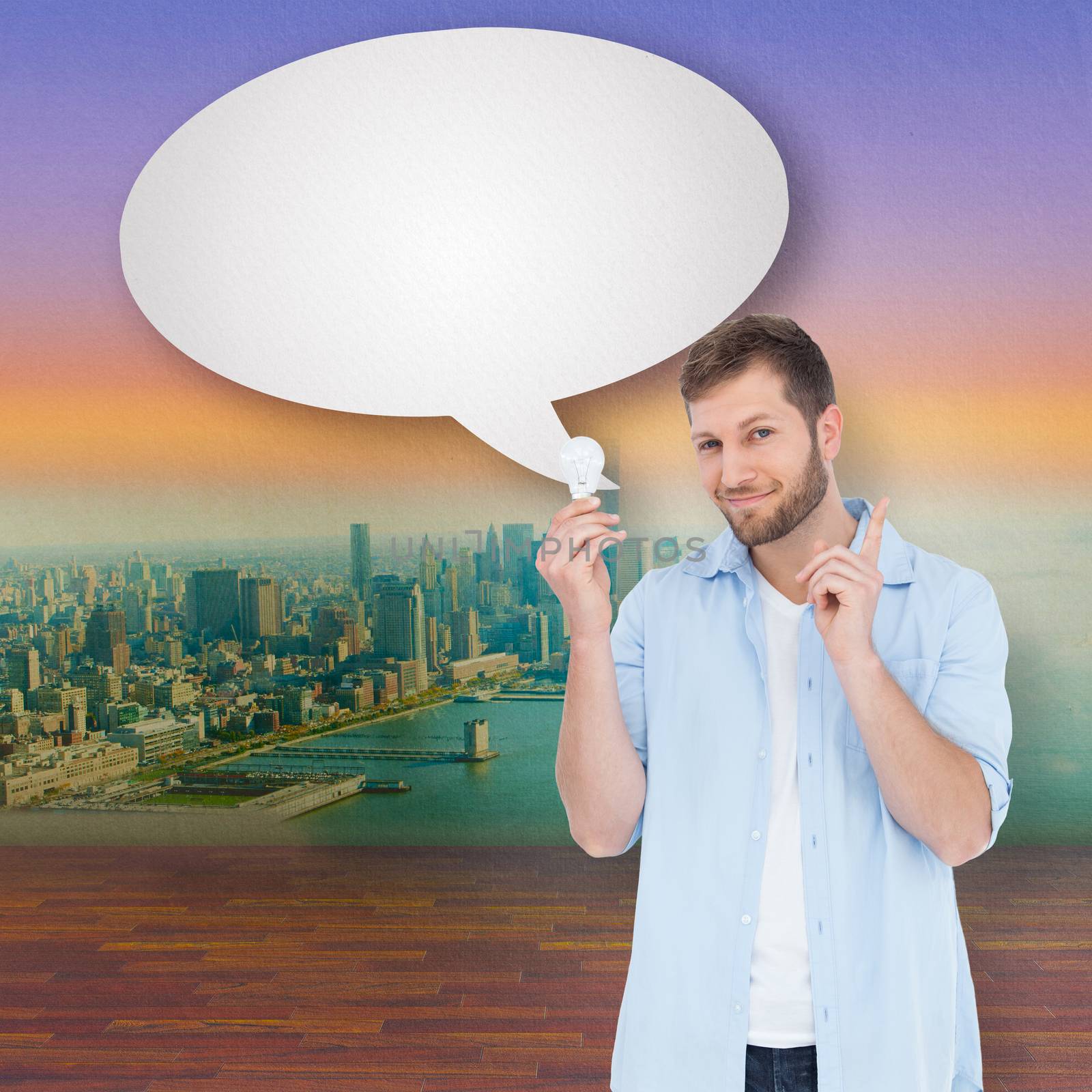 Composite image of charming model with speech bubble holding a bulb in right hand  by Wavebreakmedia