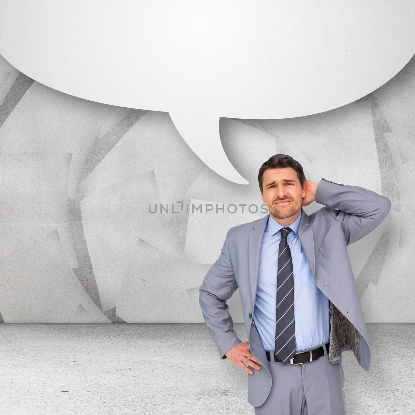 Thinking businessman against speech bubble