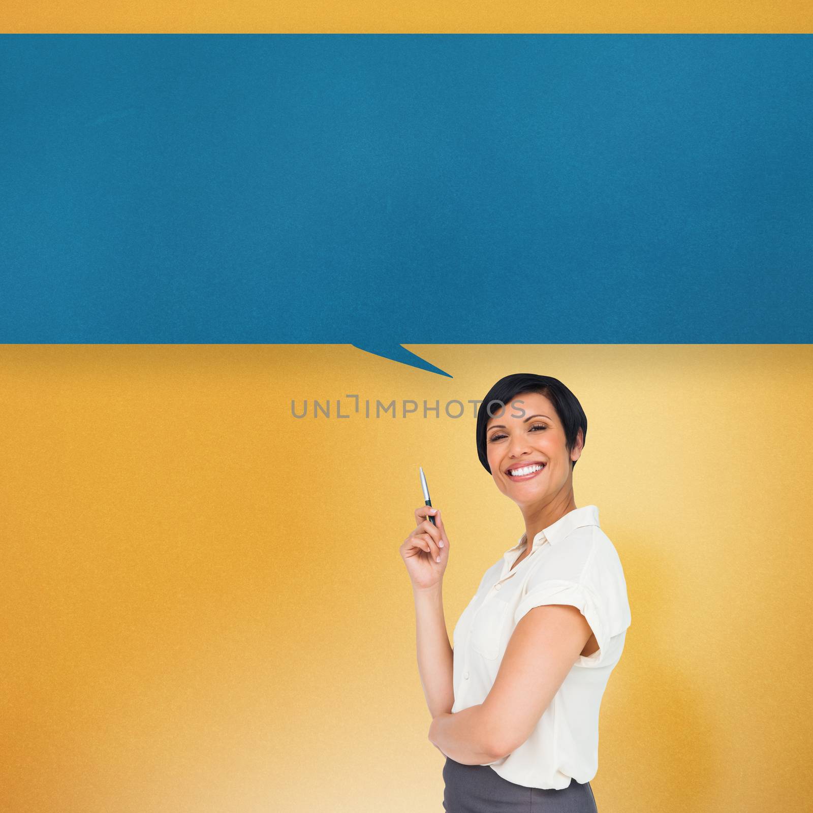 Thoughtful businesswoman with speech bubble against yellow background with vignette